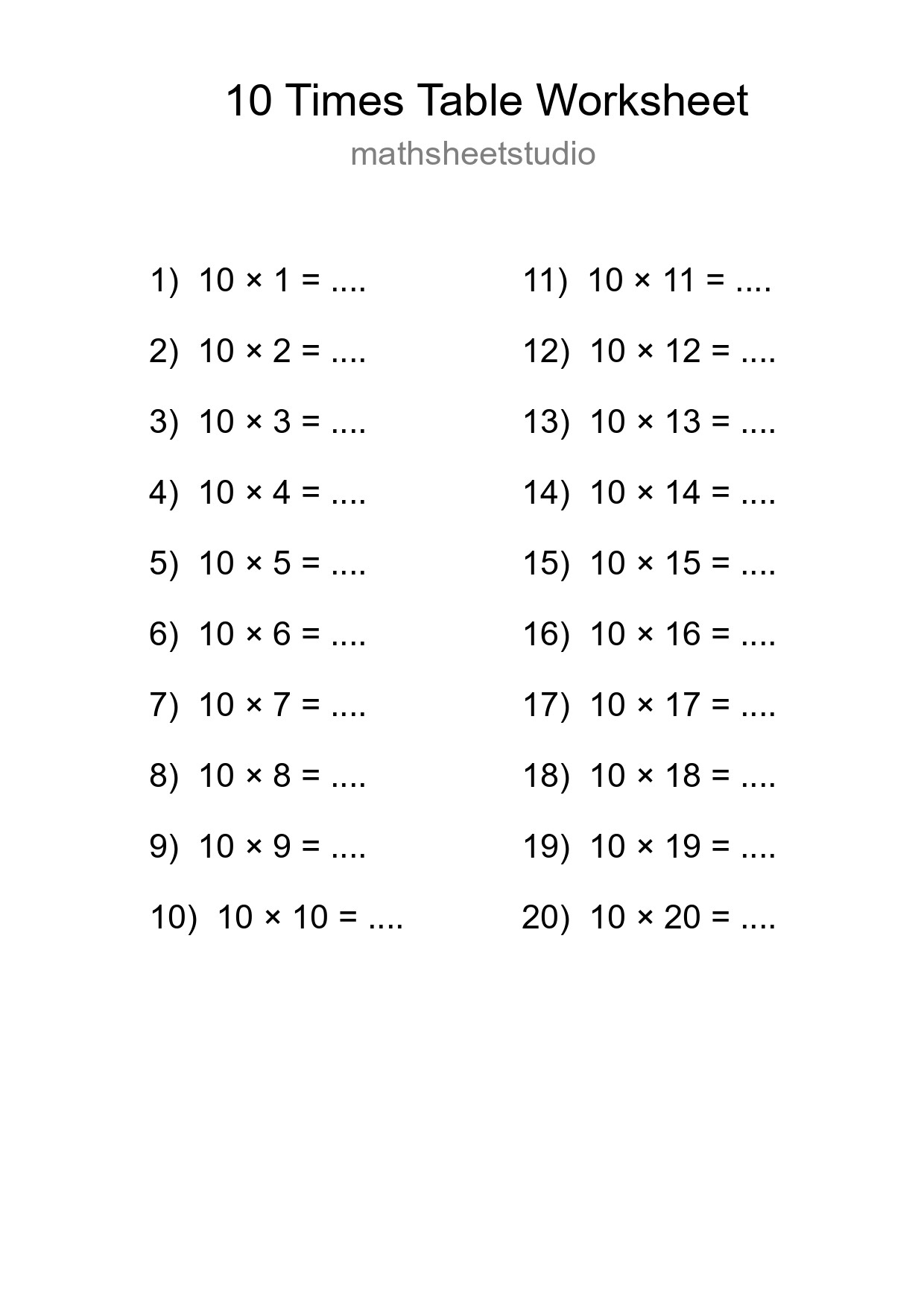 10 Times Table Worksheet For Grade 3 - Part 20