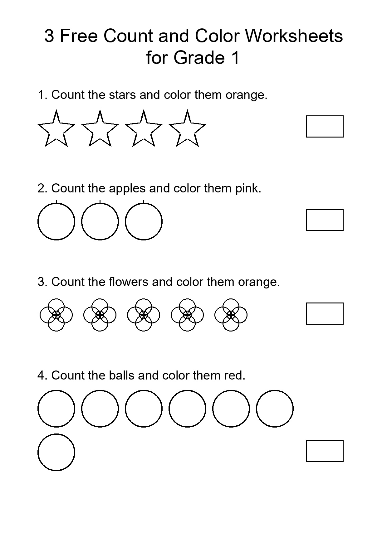 3 Free Count and Color Worksheets for Grade 1
