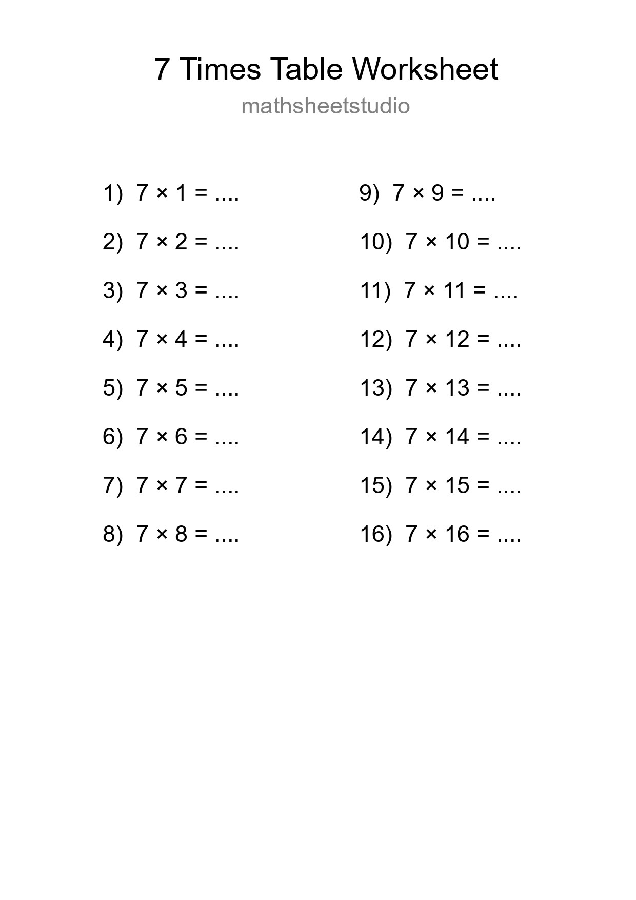 7 Times Table Worksheet For Grade 3 - Part 64