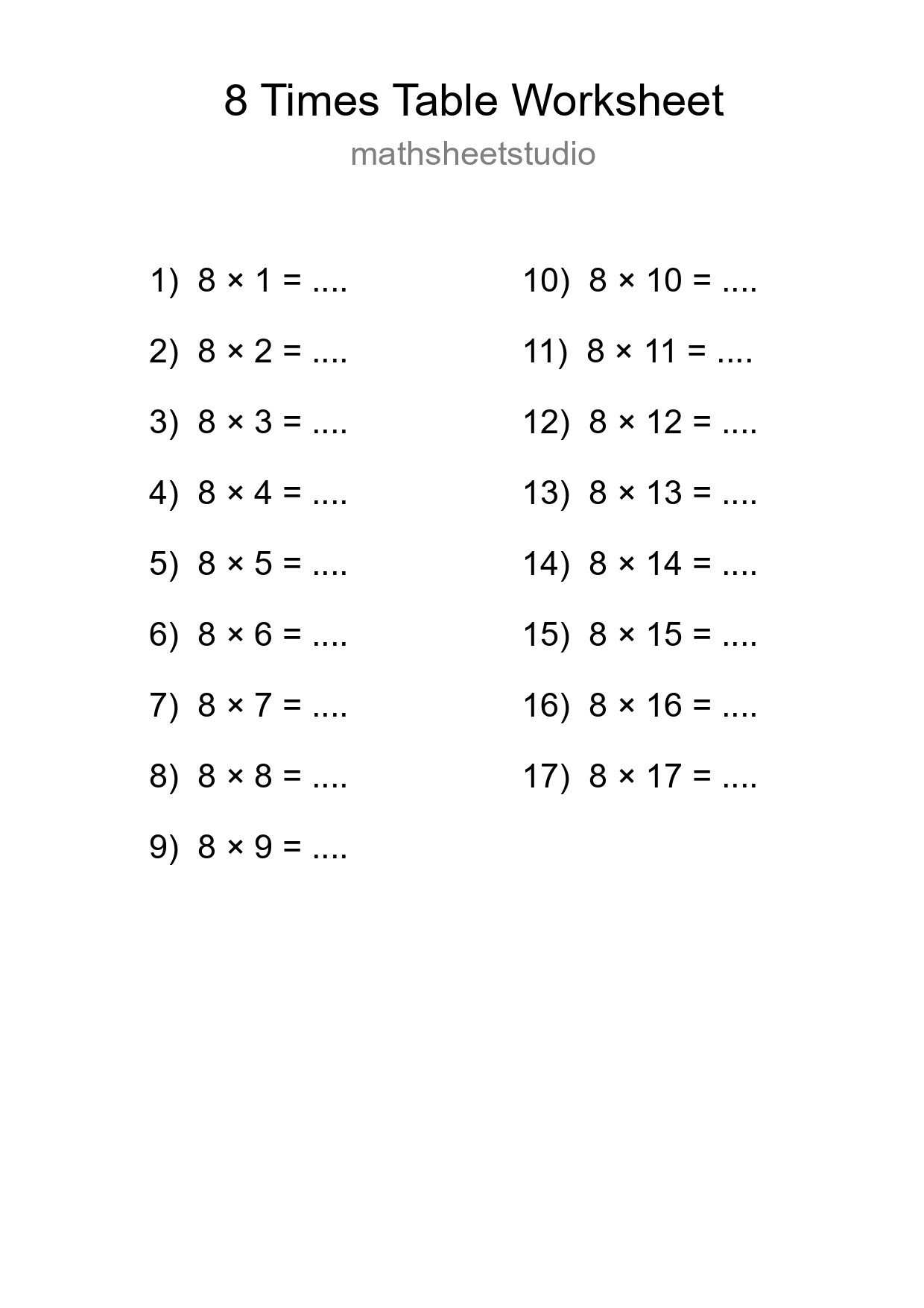 8 Times Table Worksheet For Grade 3 With Answers - Part 163