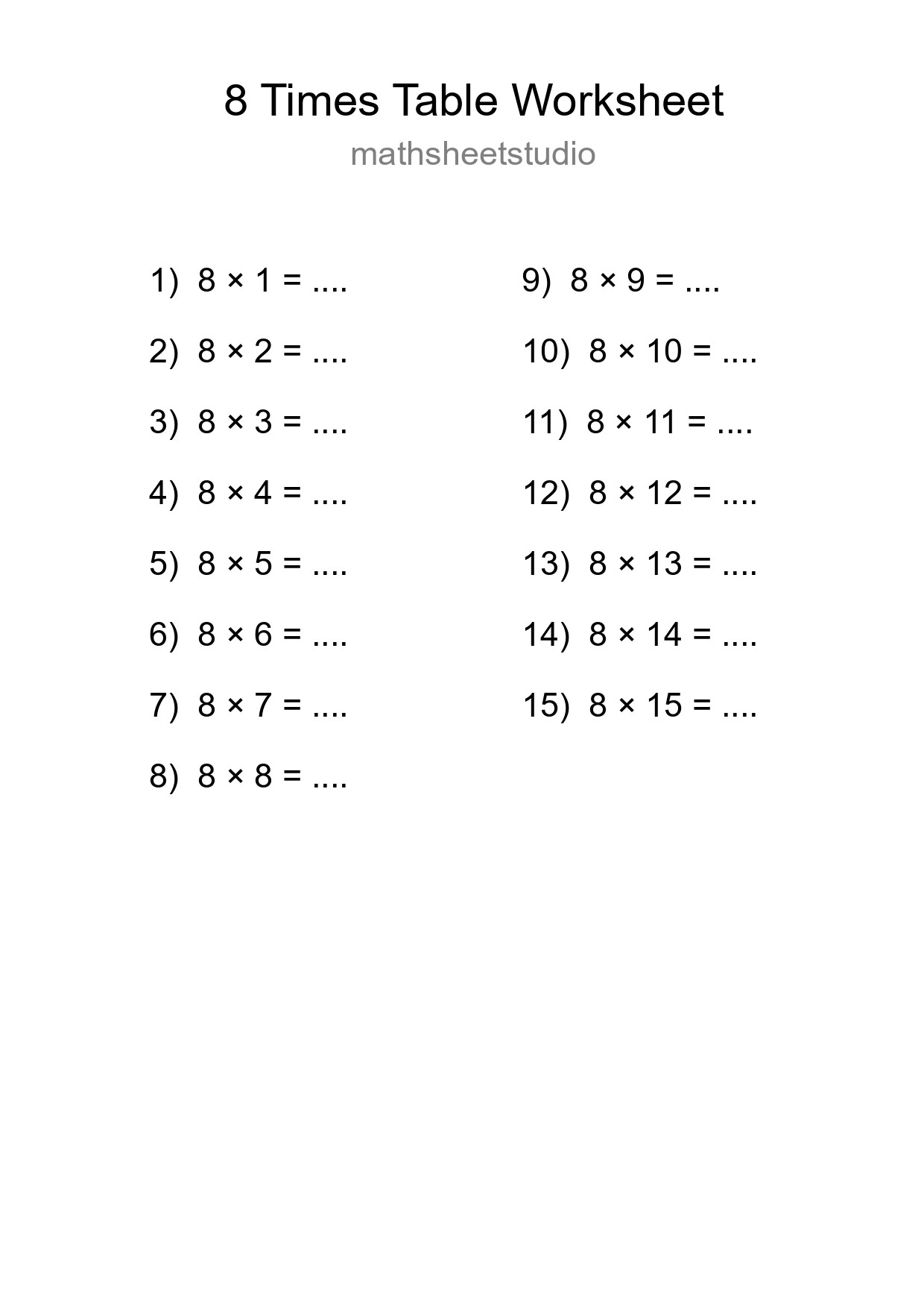 8 Times Table Worksheet For Grade 3 With Answers - Part 229