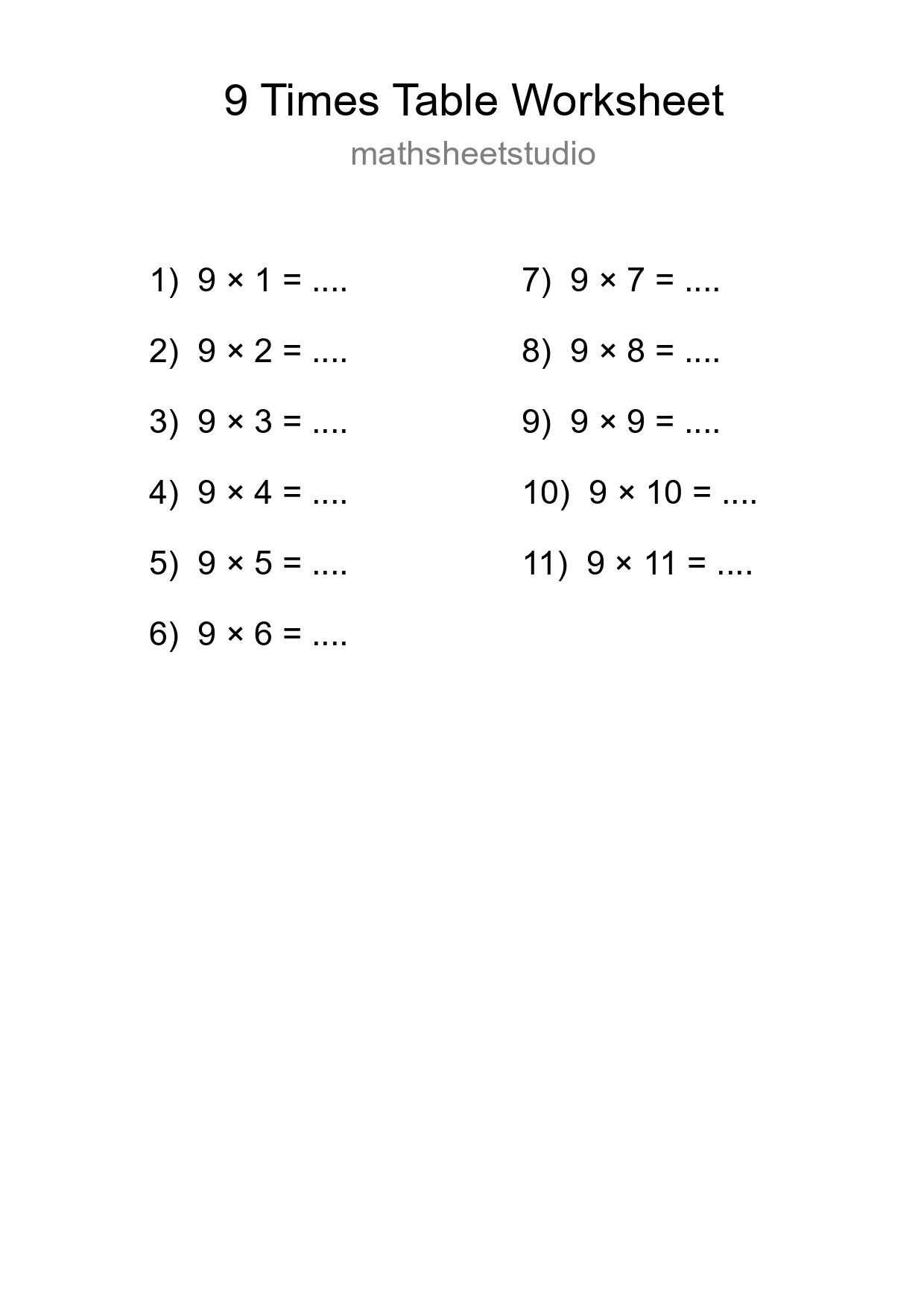 9 Times Table Worksheet For Grade 3 - Part 119