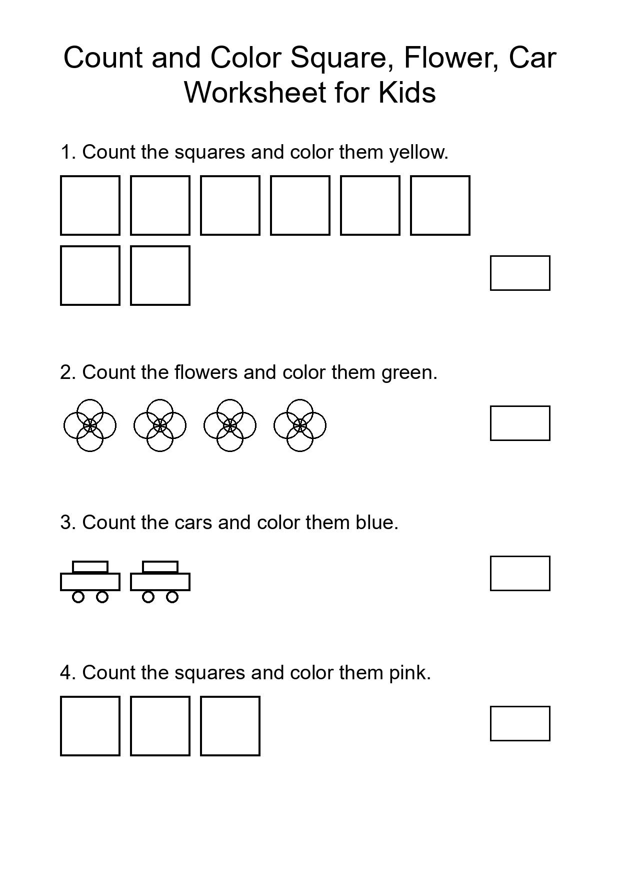 Count and Color Square, Flower, Car Worksheet for Kids