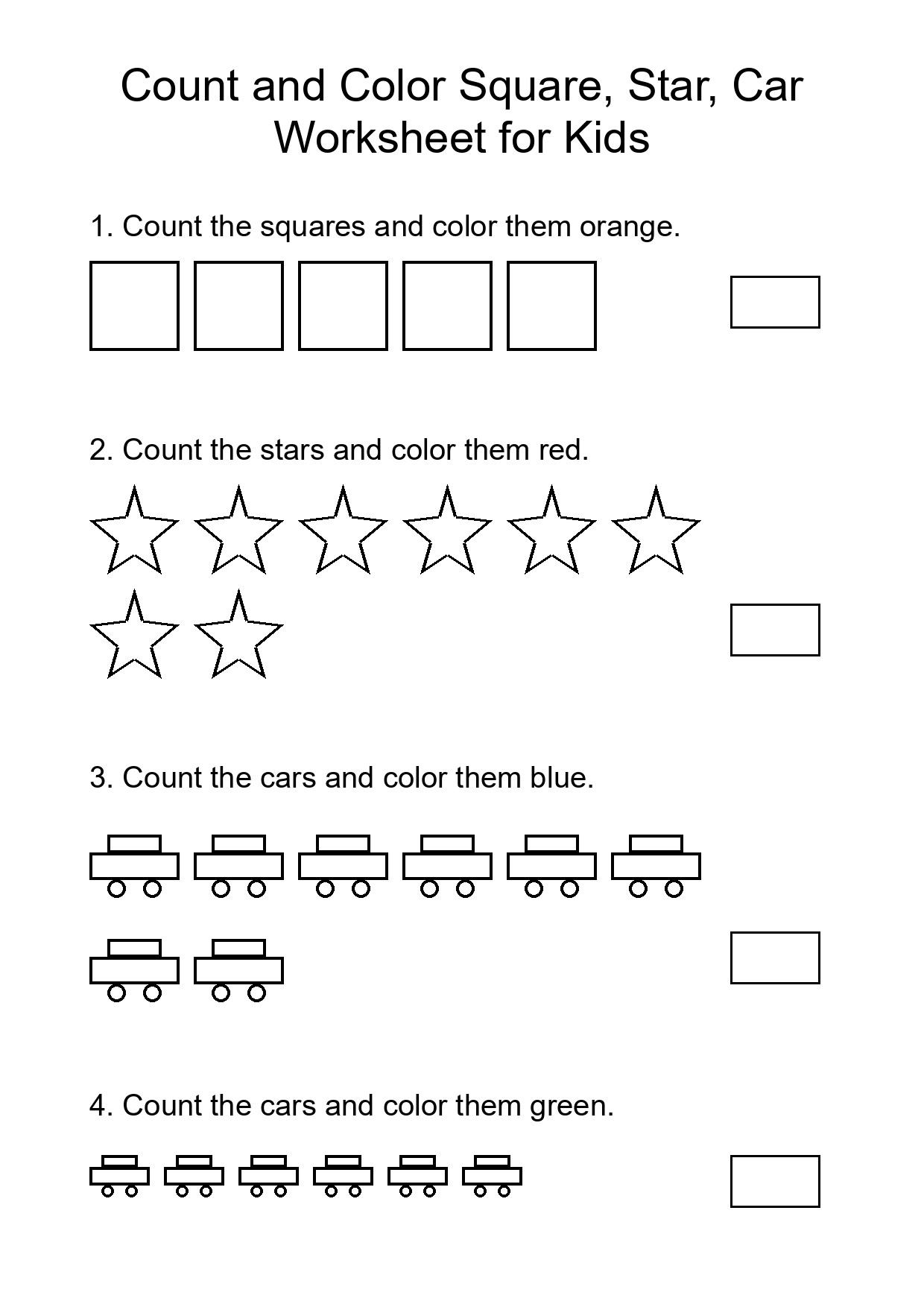 Count and Color Square, Star, Car Worksheet for Kids