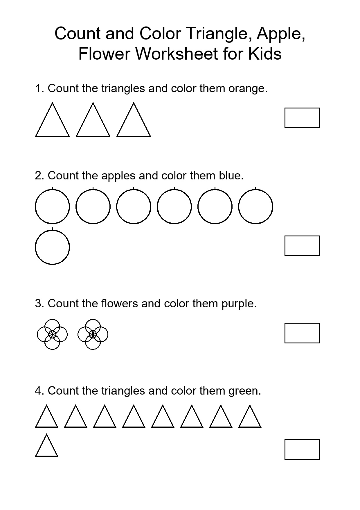 Count and Color Triangle, Apple, Flower Worksheet for Kids