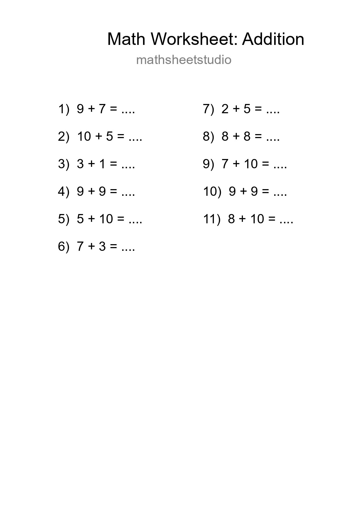 Free 11 Addition Math Worksheet For Grade 1 - Part 199