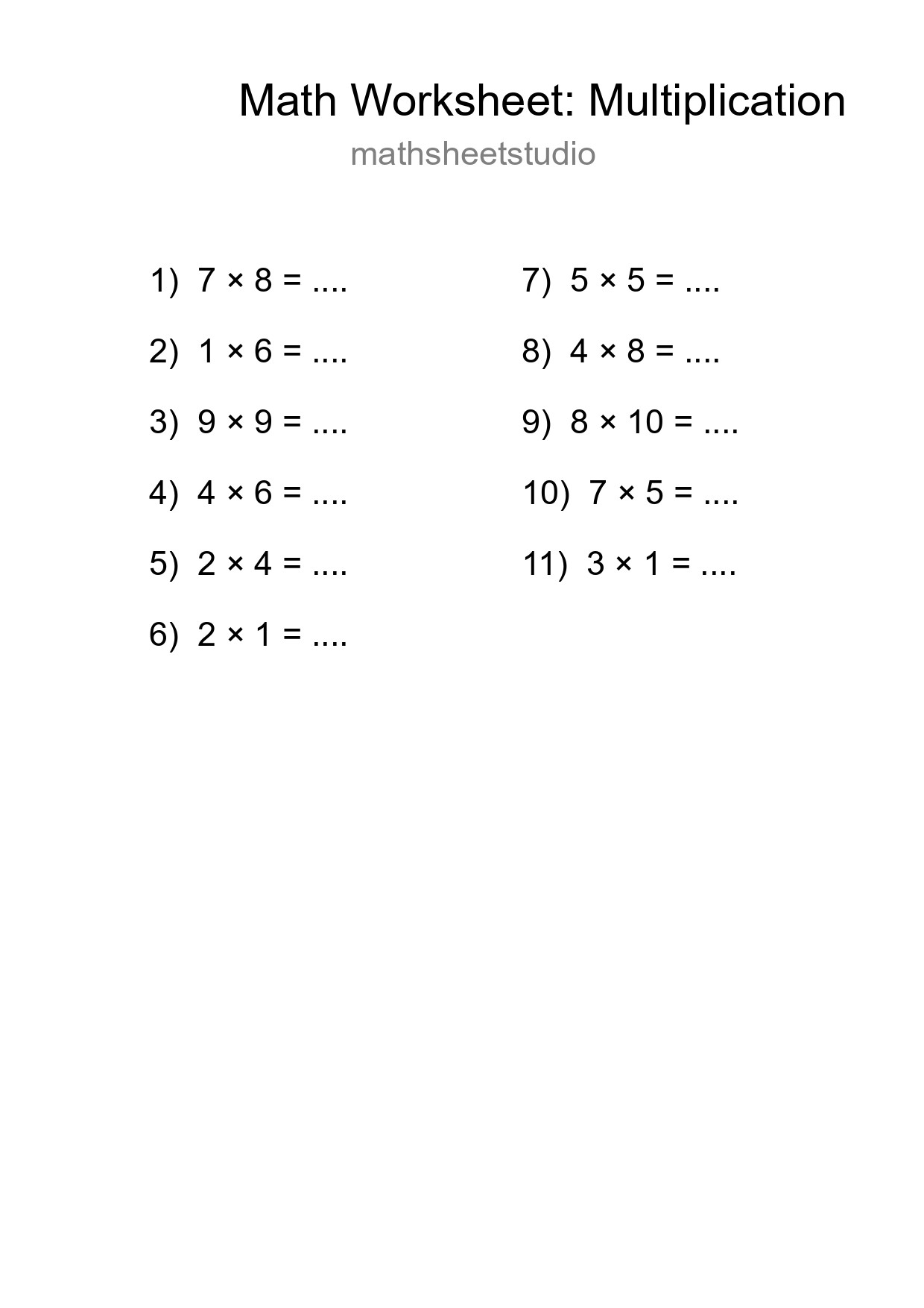 Free 11 Multiplication Math Worksheet For Grade 1 With Answers - Part 139