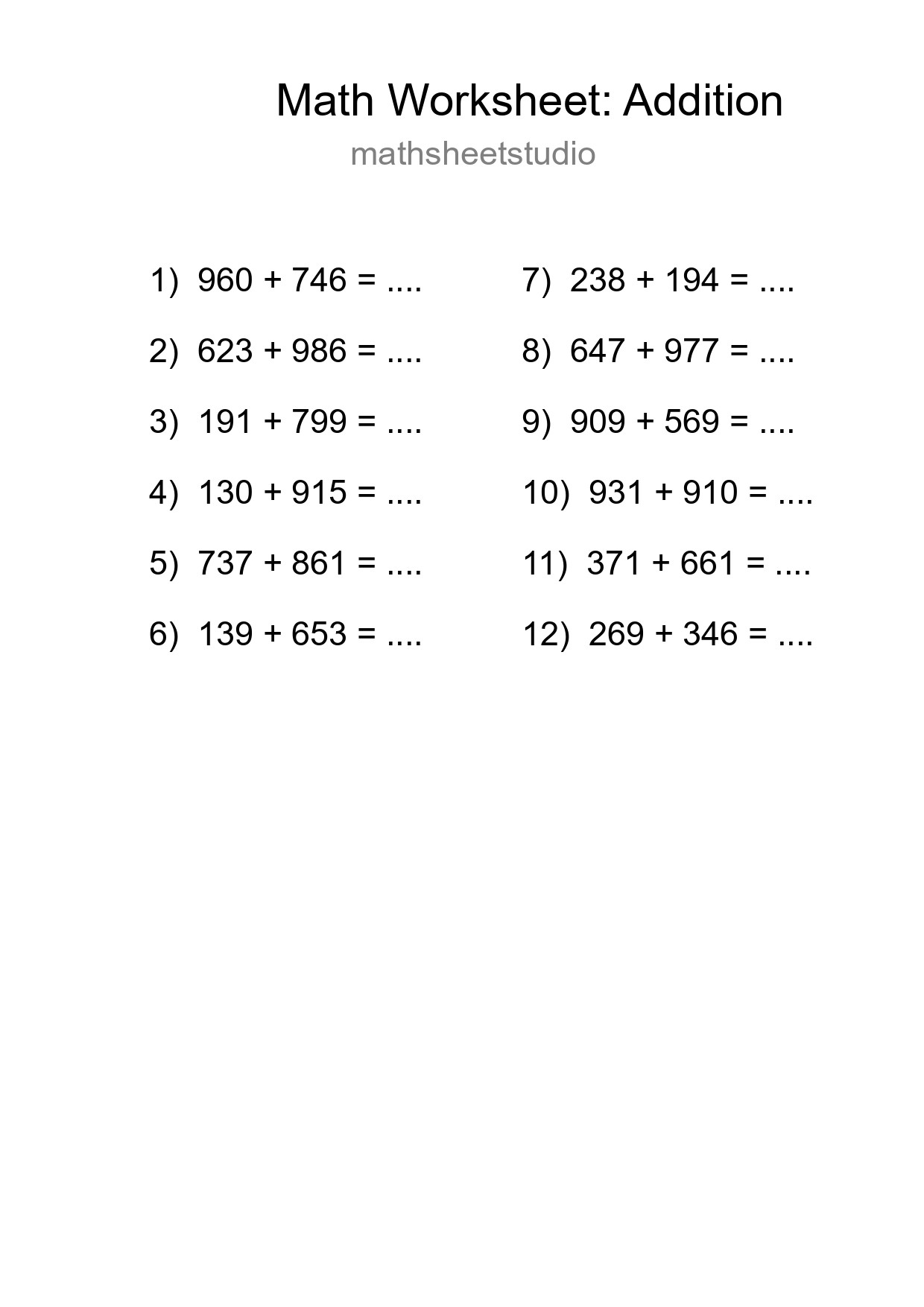 Free 12 Addition Math Worksheet For Grade 5 - Part 100