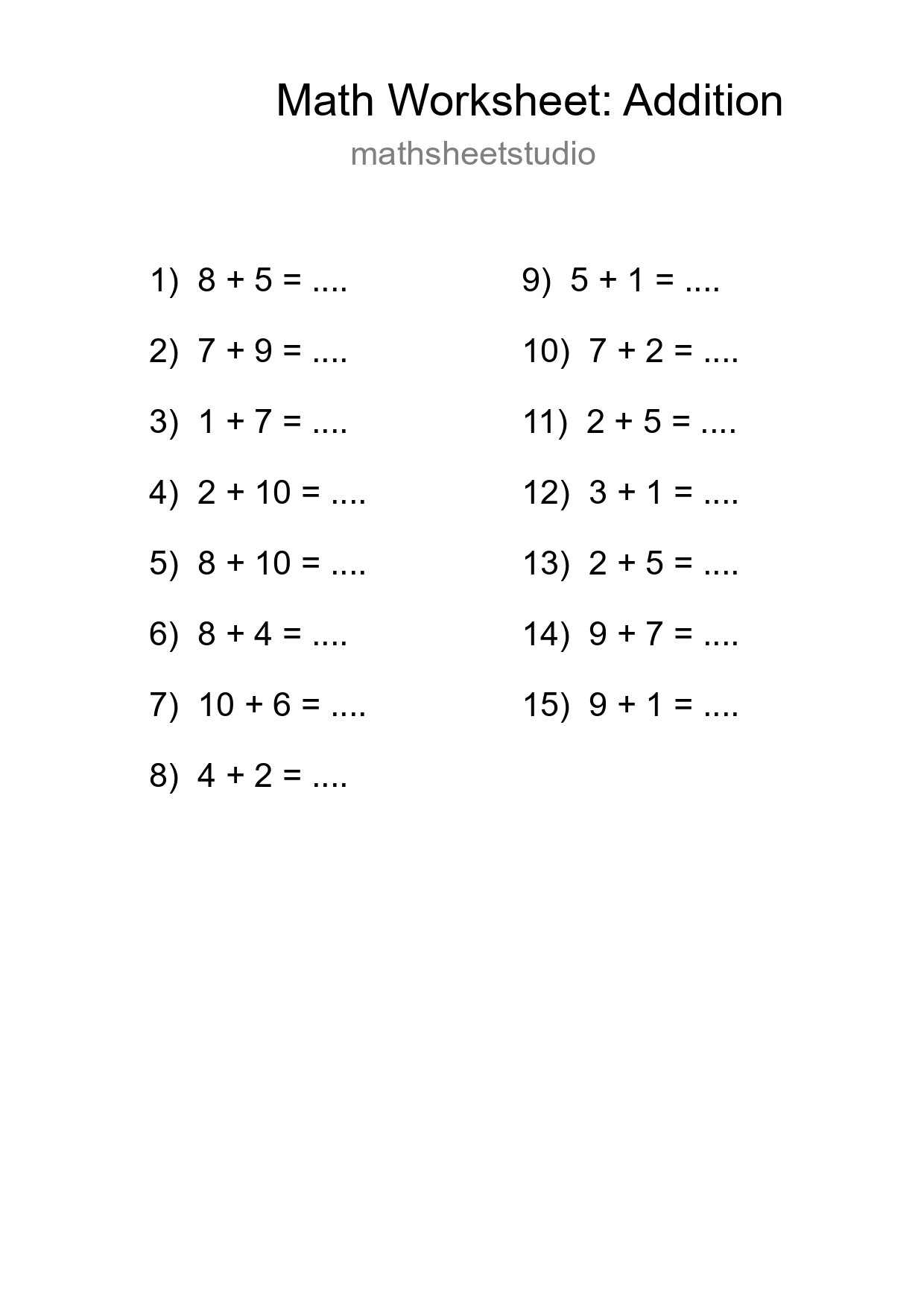 Free 15 Addition Math Worksheet For Grade 1 - Part 210