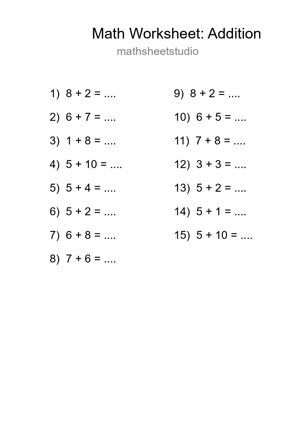 Free 15 Addition Math Worksheet For Grade 1 With Answers - Part 122