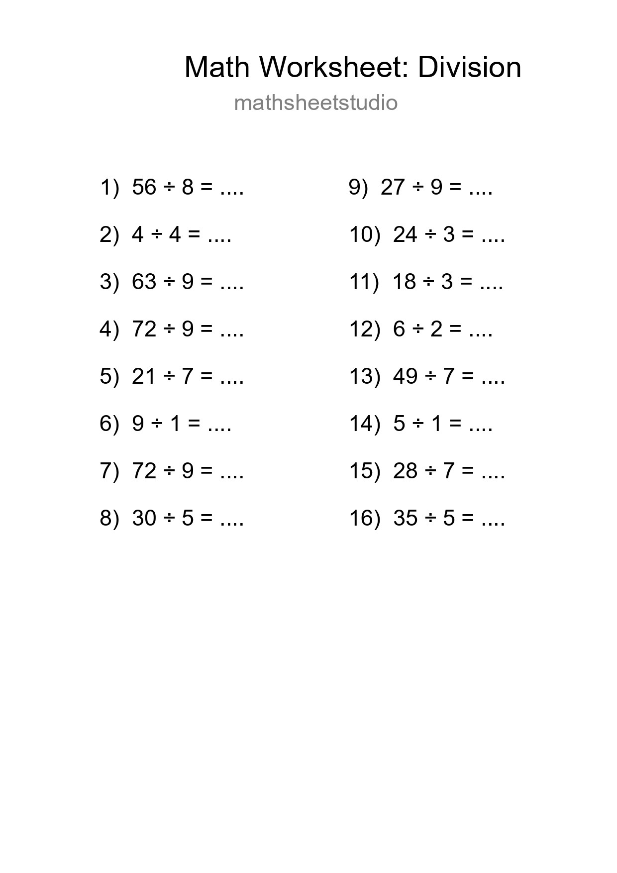 Free 16 Division Math Worksheet For Grade 1 With Answers - Part 224