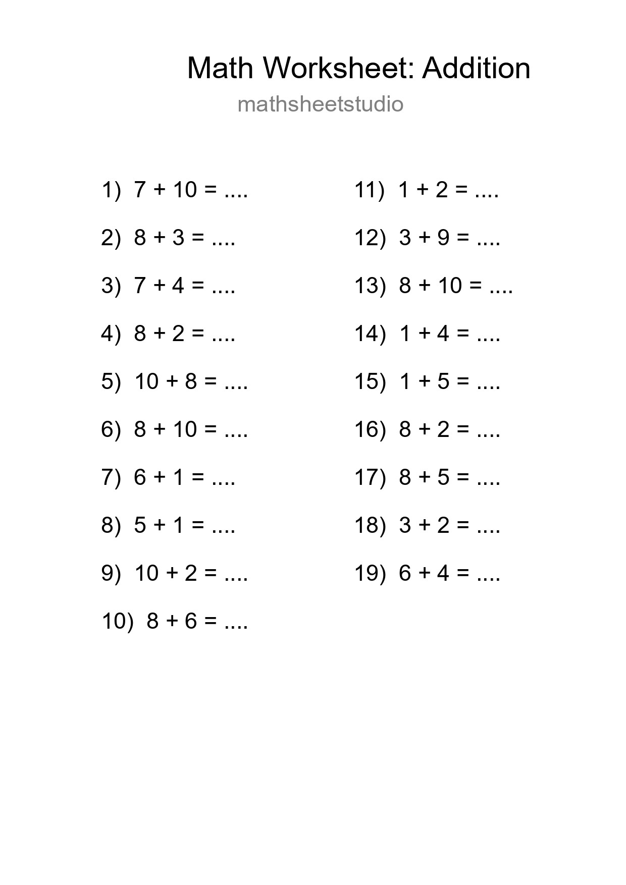 Free 19 Addition Math Worksheet For Grade 1 - Part 133