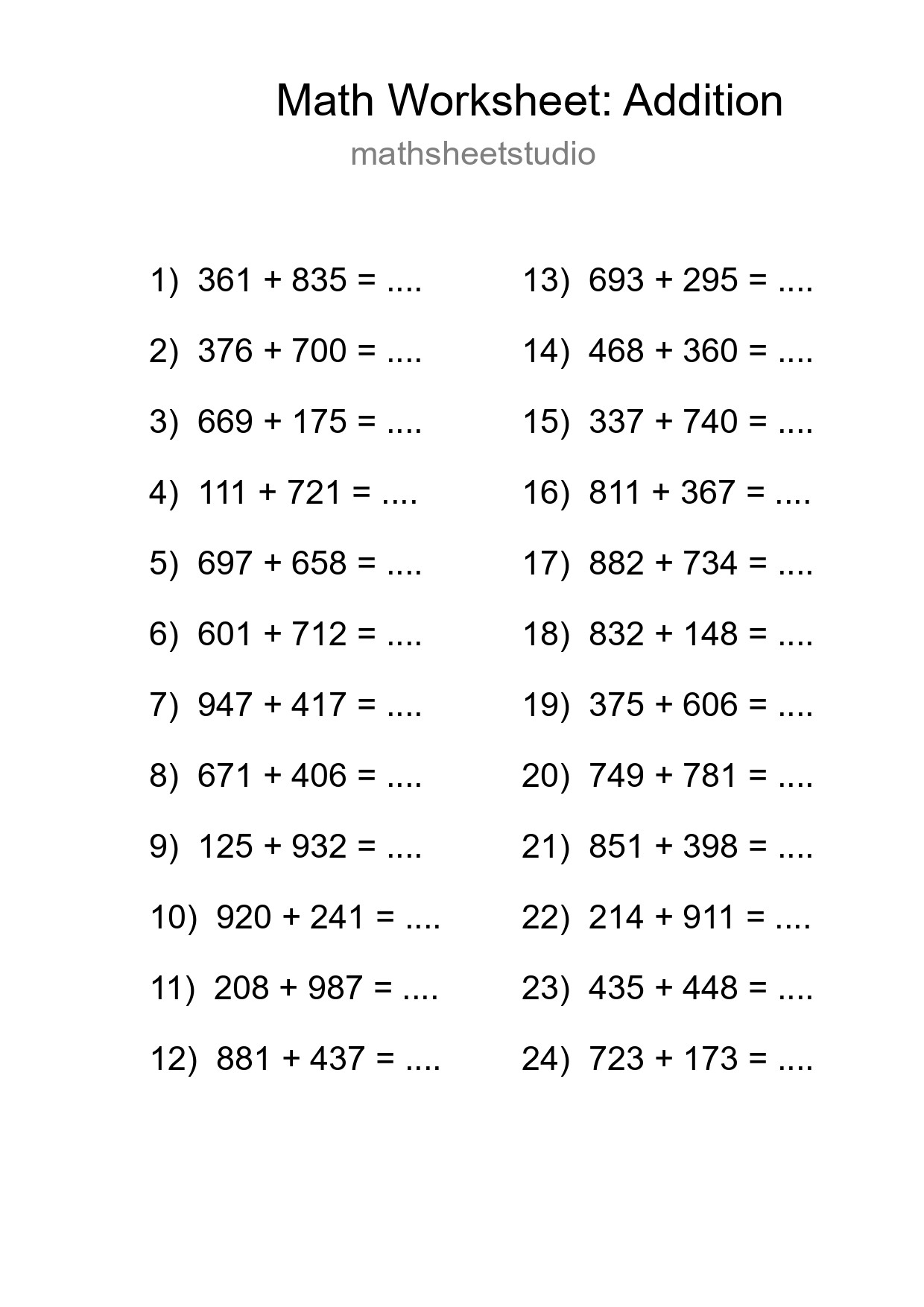 Free 24 Addition Math Worksheet For Grade 5 - Part 111