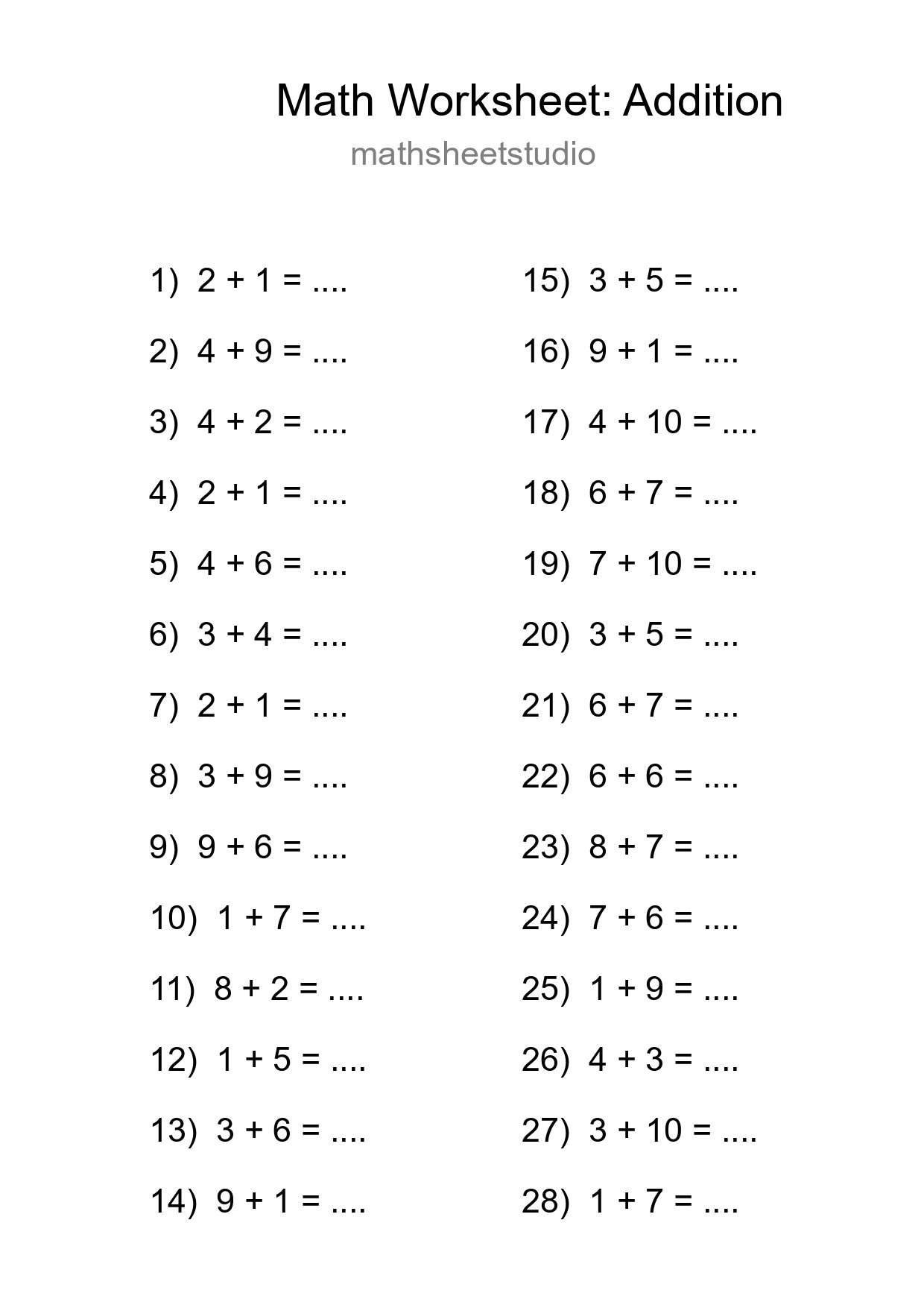 Free 28 Addition Math Worksheet For Grade 1 - Part 78