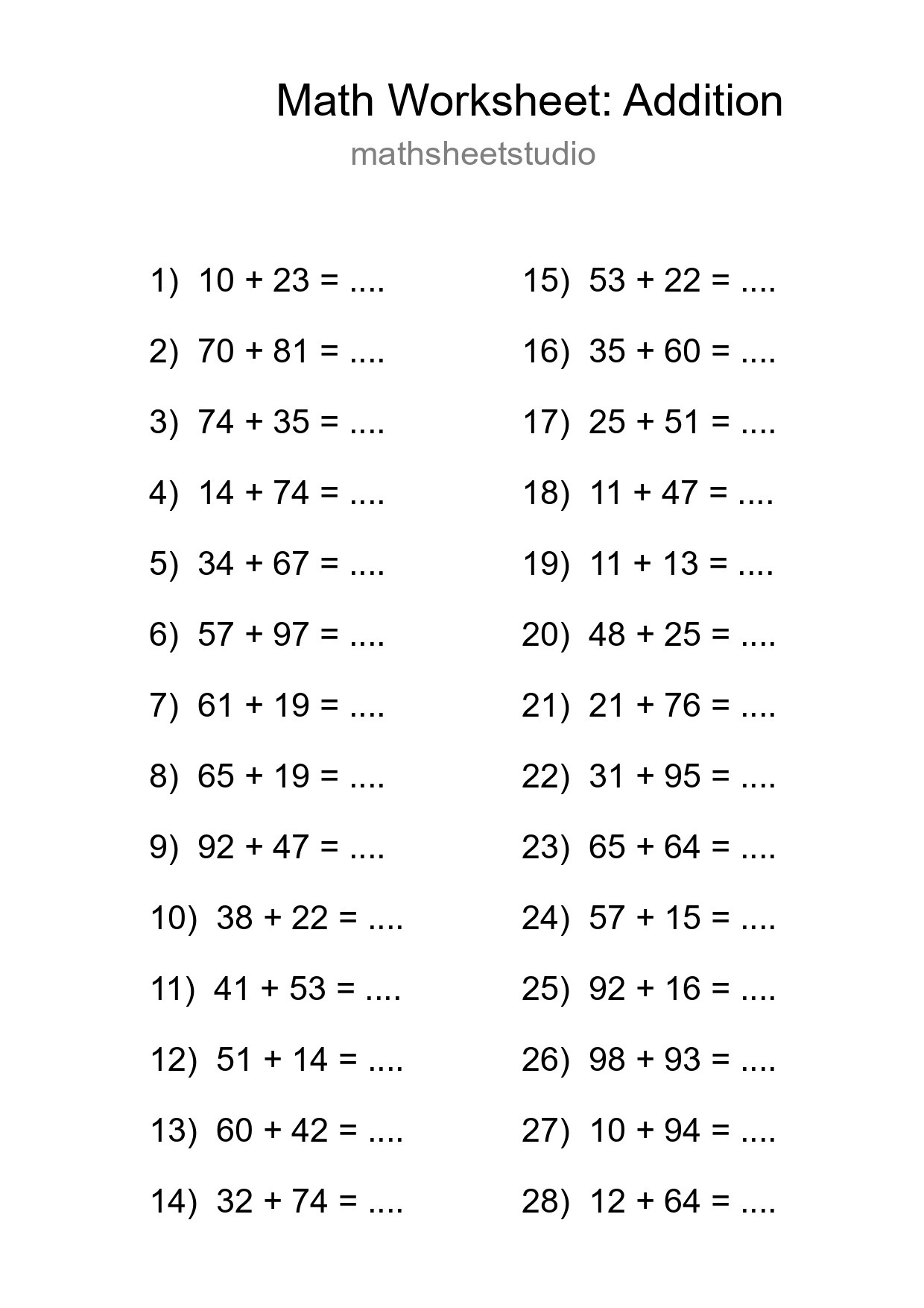 Free 28 Addition Math Worksheet For Grade 3 With Answers