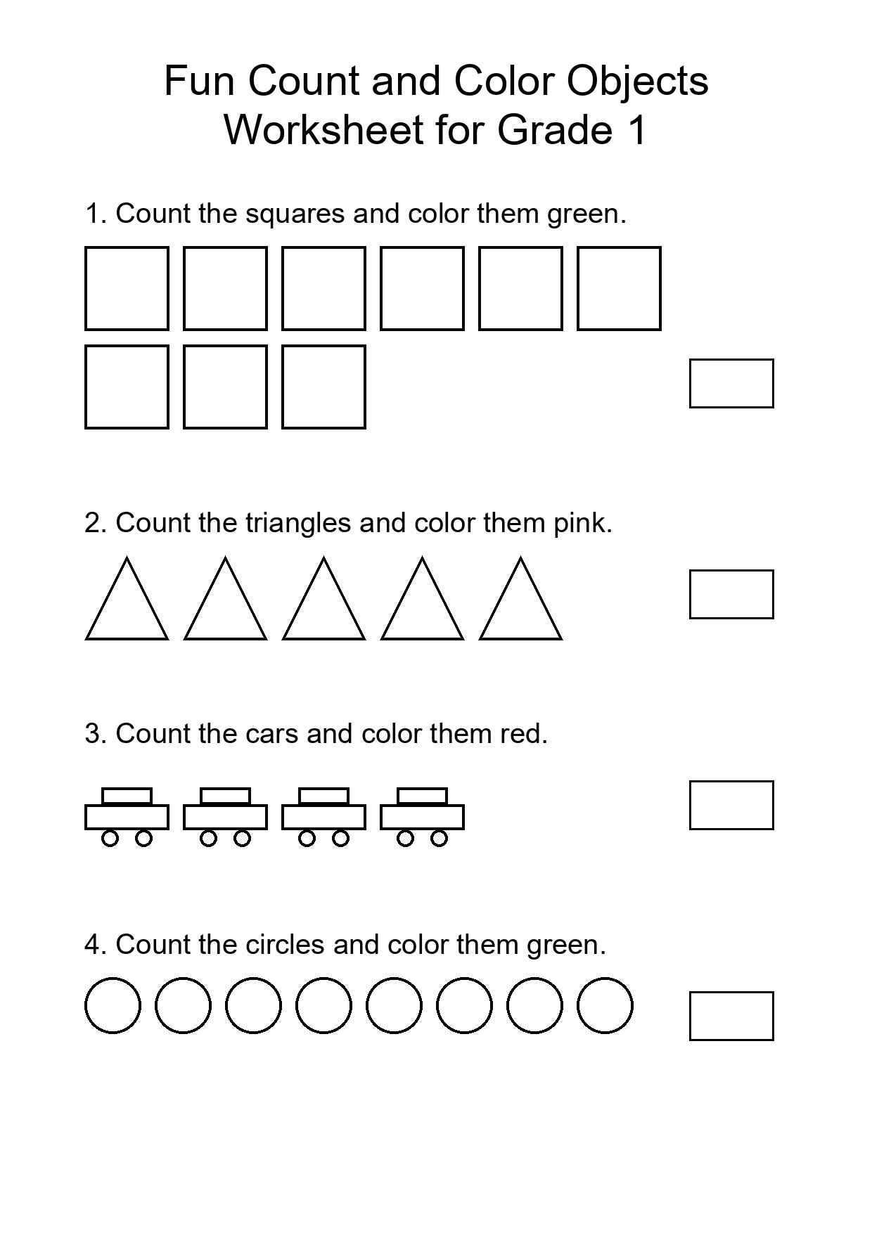 Fun Count and Color Objects Worksheet for Grade 1