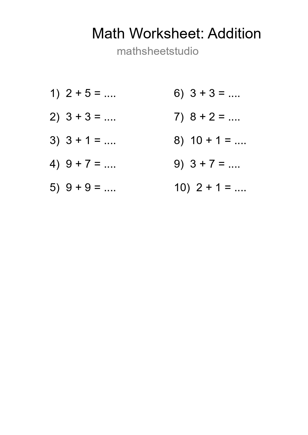 Grade 1 Addition Practice Worksheet (10 Problems) - Part 45
