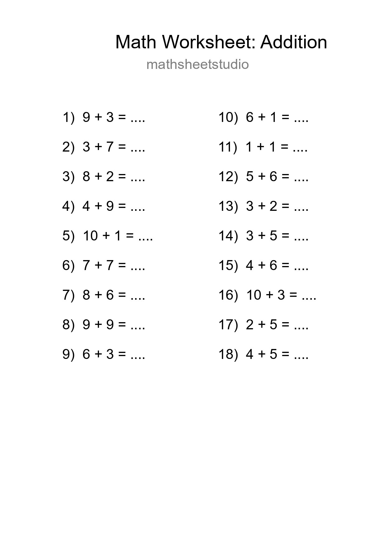 Grade 1 Addition Practice Worksheet (18 Problems) - Part 144