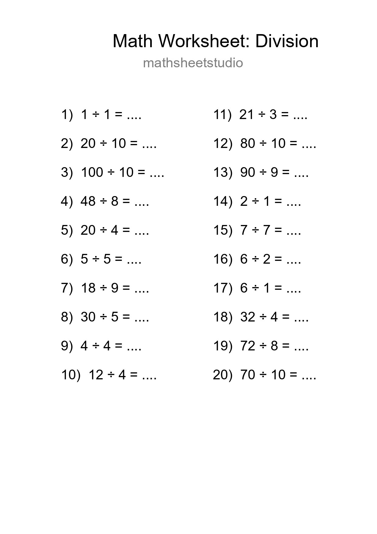 Grade 1 Division Practice Worksheet (20 Problems) - Part 114