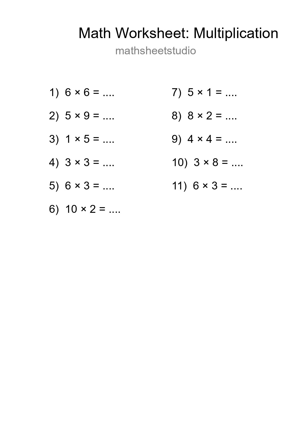 Grade 1 Multiplication Practice Worksheet (11 Problems) - Part 150