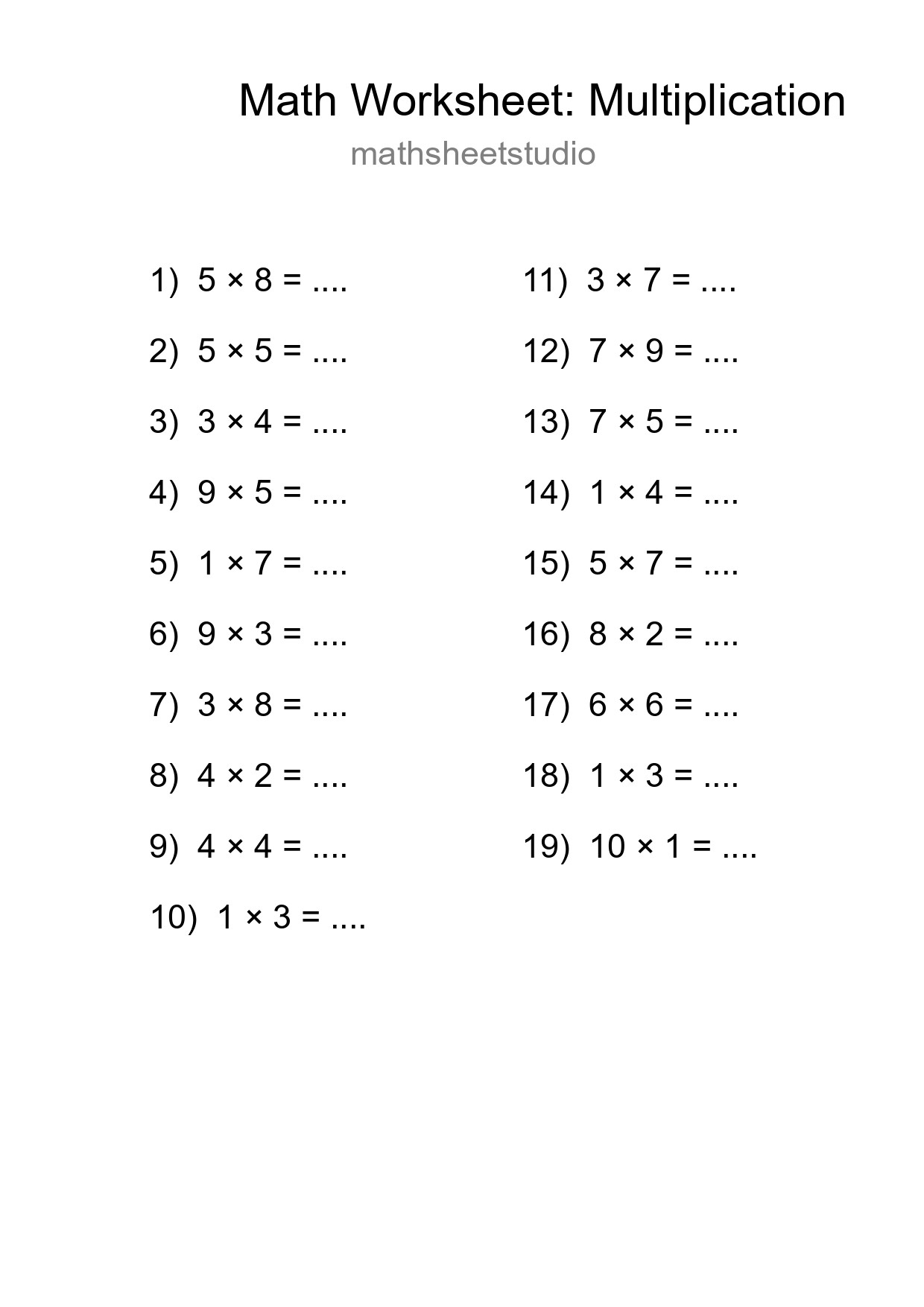 Grade 1 Multiplication Practice Worksheet (19 Problems) - Part 40
