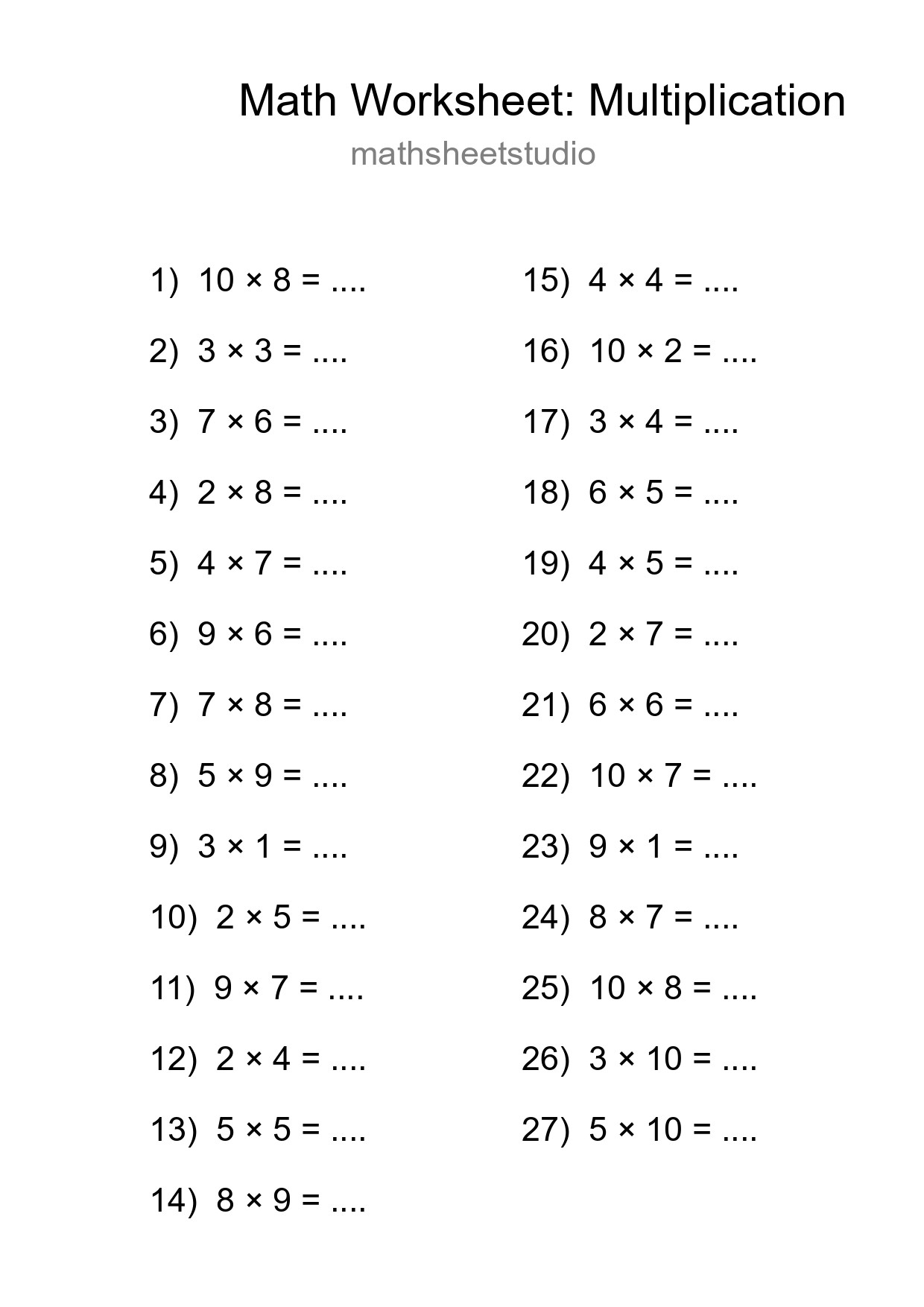 Grade 1 Multiplication Practice Worksheet (27 Problems) - Part 106