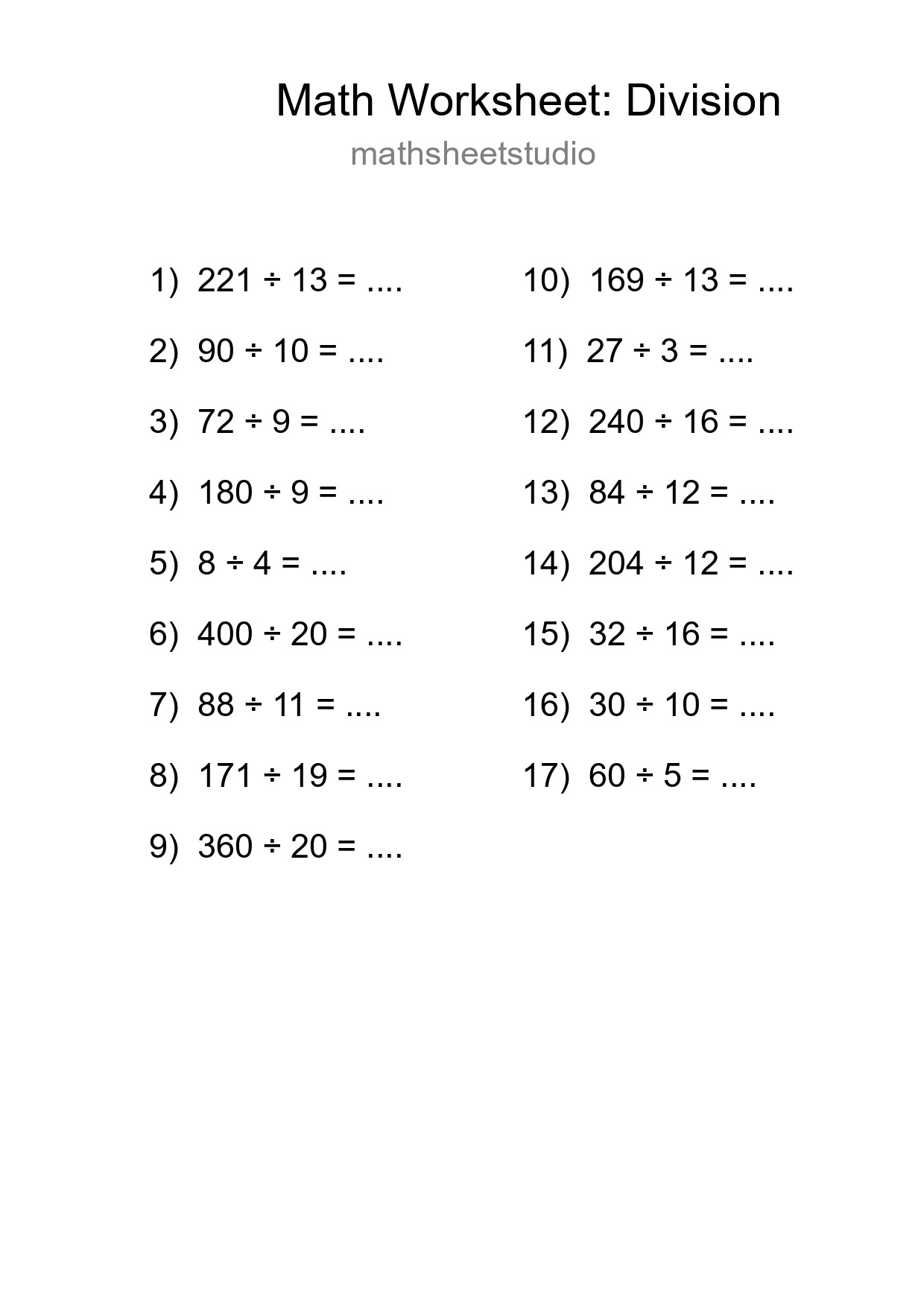 Grade 2 Division Practice Worksheet (17 Problems) - Part 37