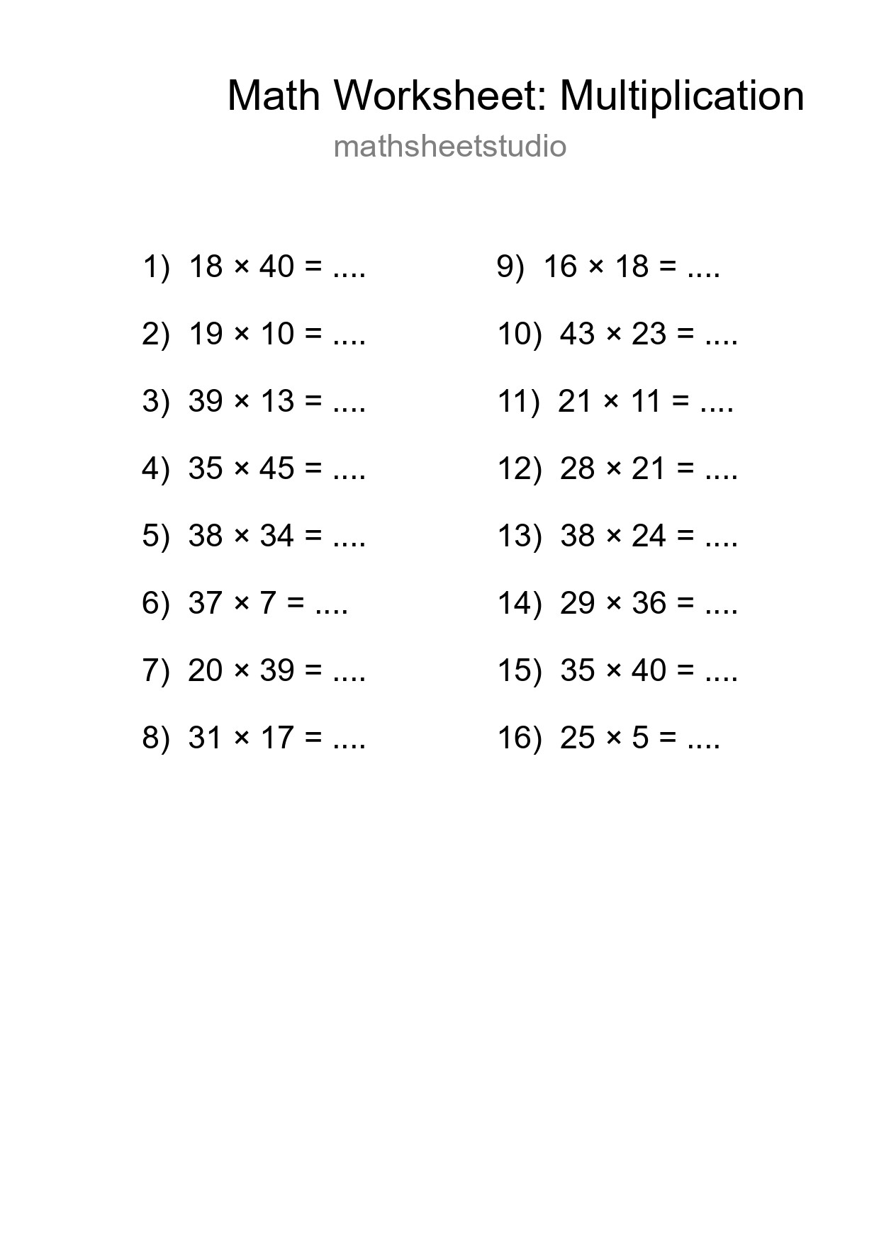 Grade 2 Multiplication Practice Worksheet (16 Problems) - Part 161