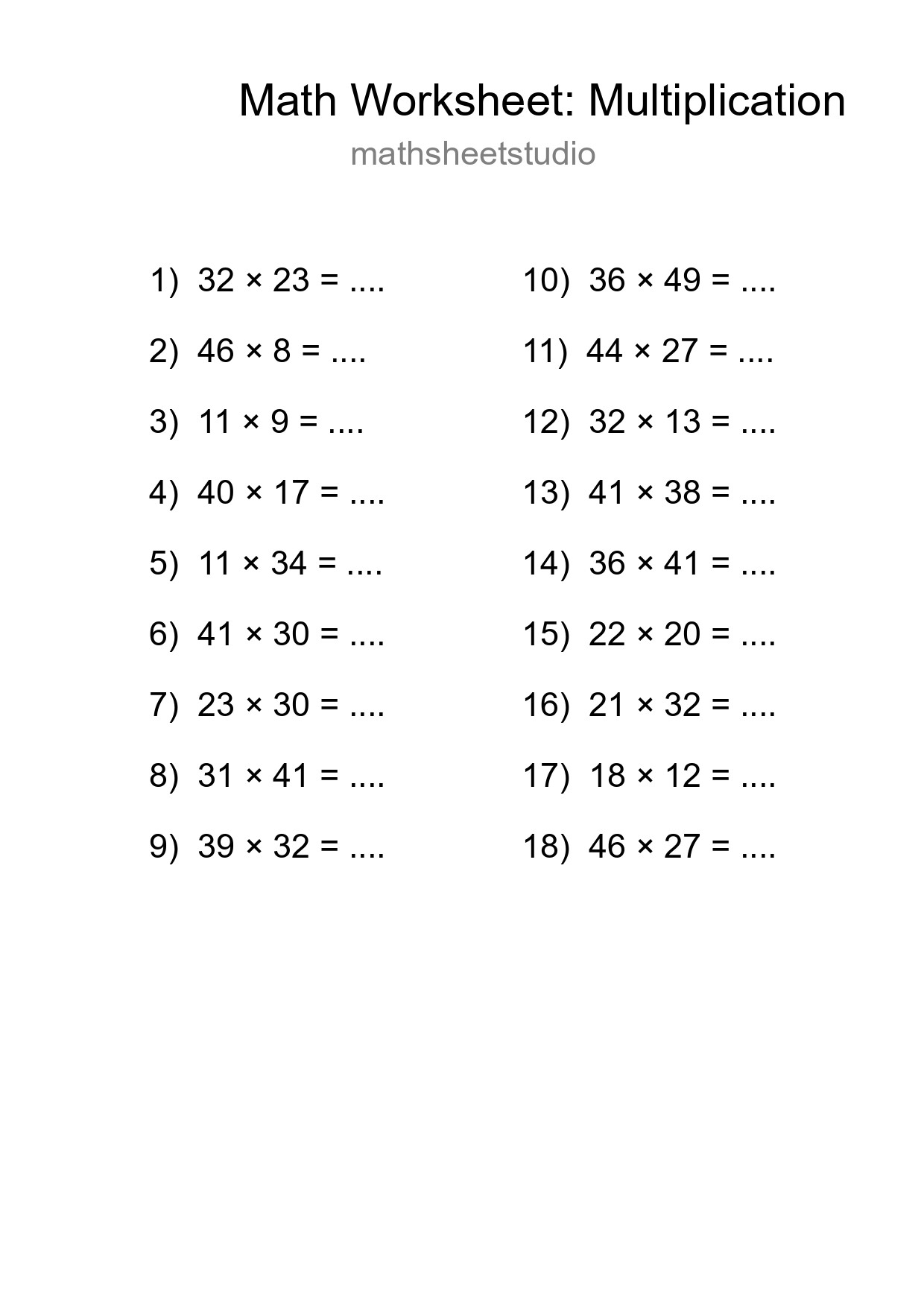 Grade 2 Multiplication Practice Worksheet (18 Problems) - Part 62