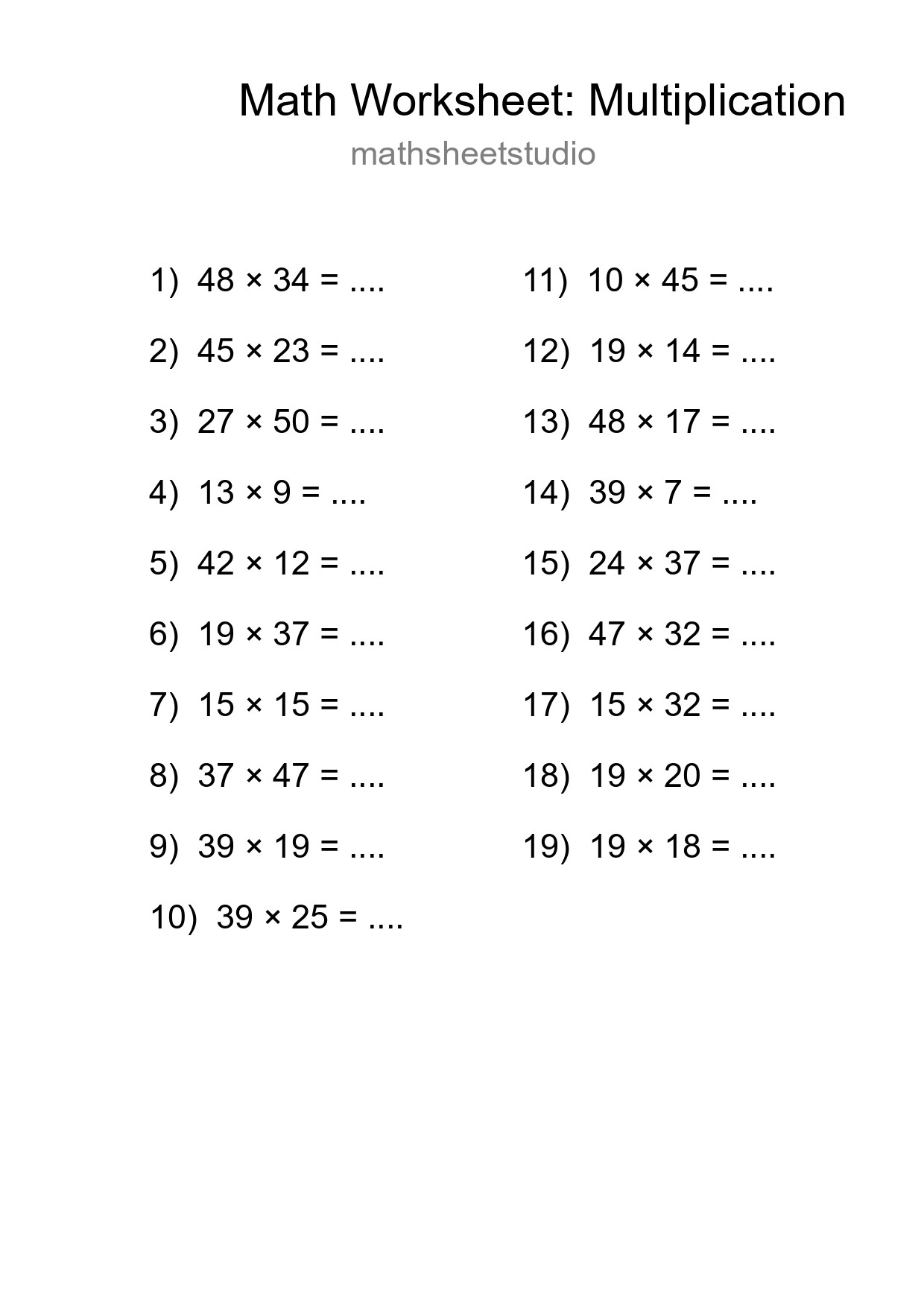 Grade 2 Multiplication Practice Worksheet (19 Problems) - Part 216