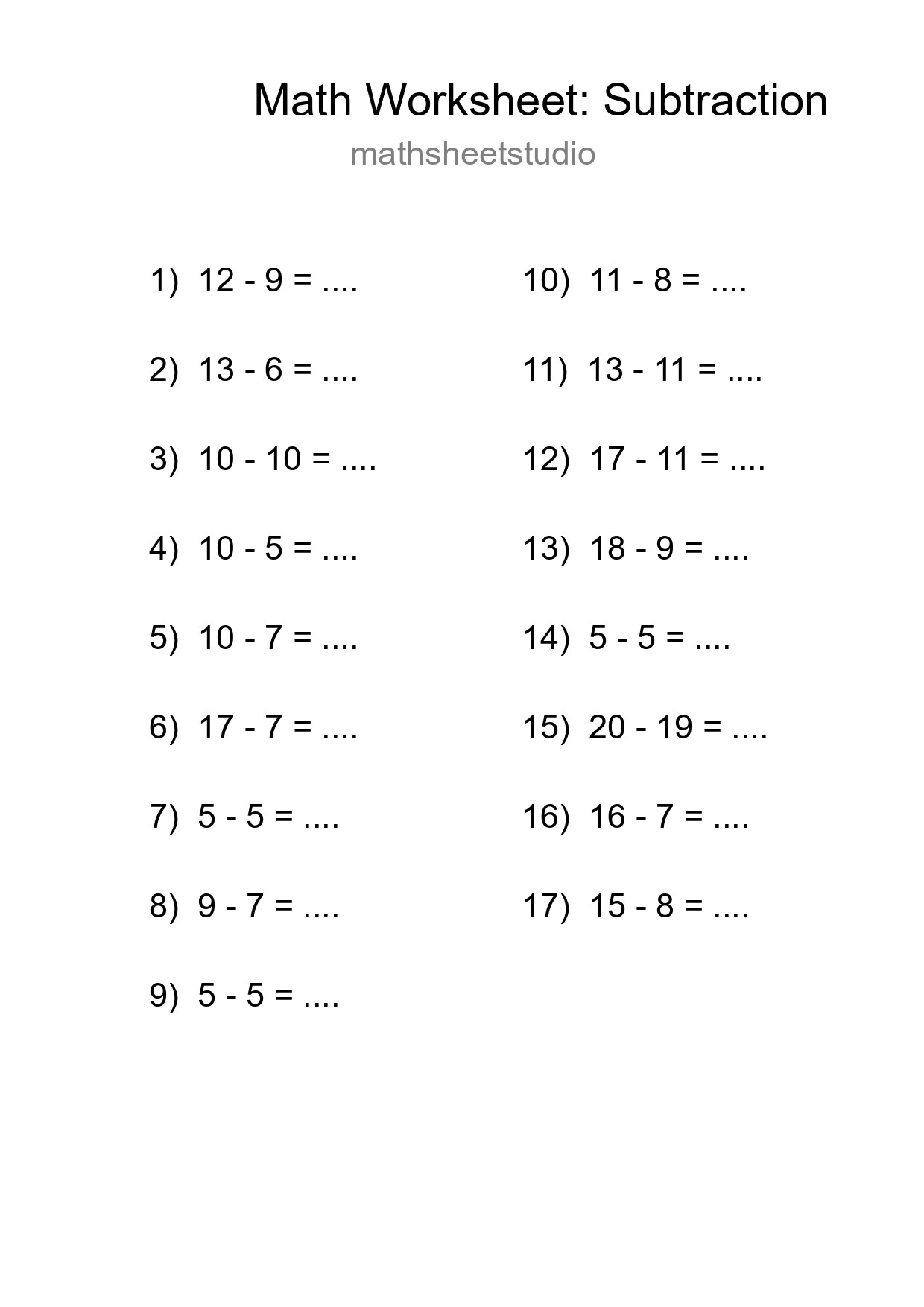 Grade 2 Subtraction Practice Worksheet (17 Problems) - Part 52