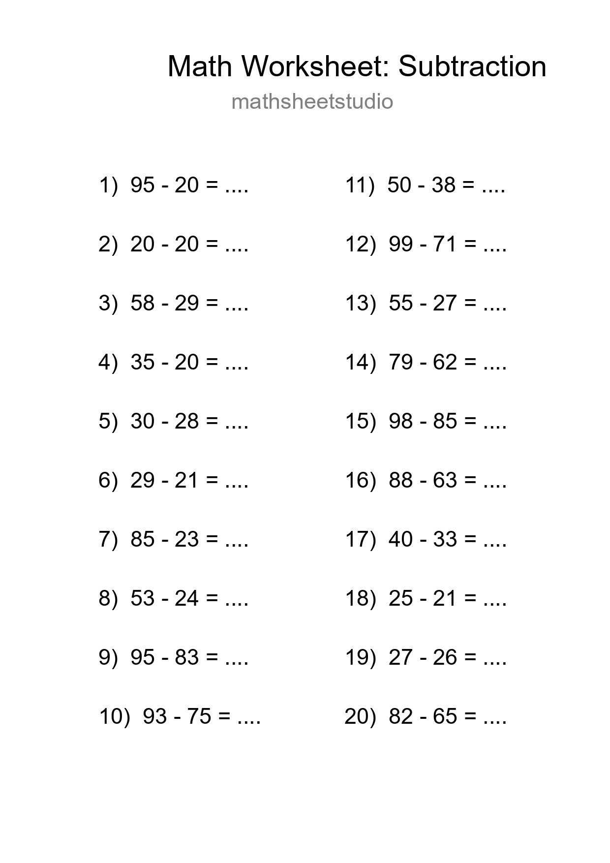 Grade 3 Subtraction Practice Worksheet (20 Problems) - Part 239
