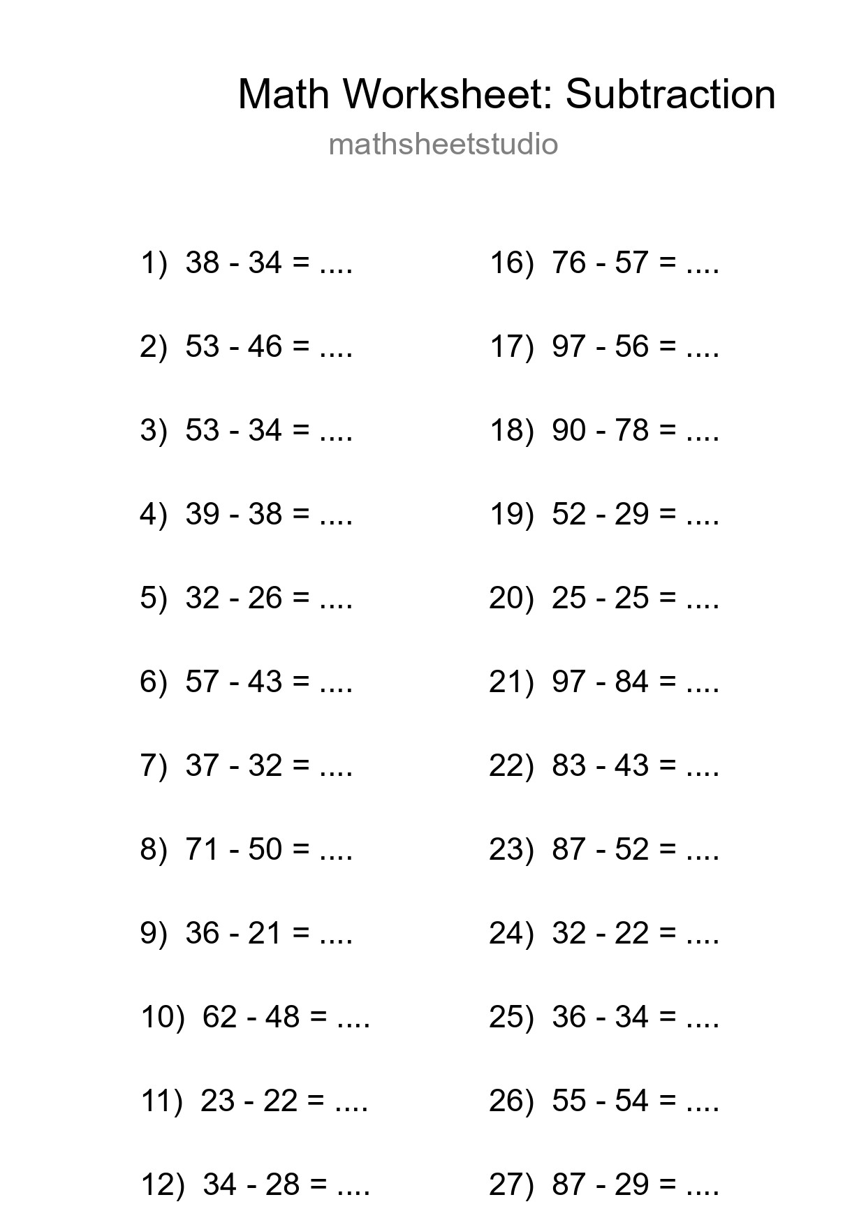 Grade 3 Subtraction Practice Worksheet (30 Problems) - Part 96