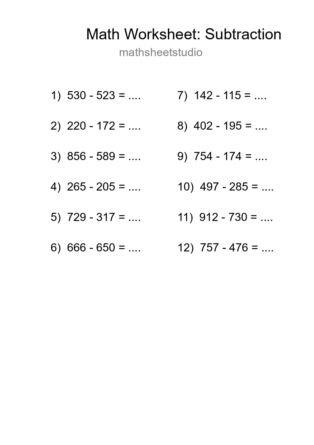 Grade 5 Subtraction Practice Worksheet (12 Problems) - Part 85