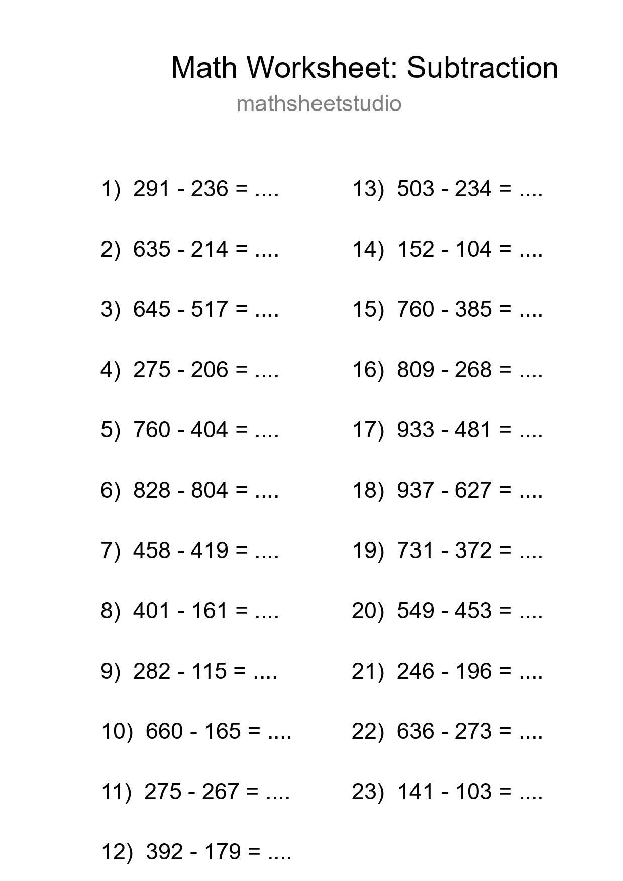 Grade 5 Subtraction Practice Worksheet (23 Problems) - Part 63
