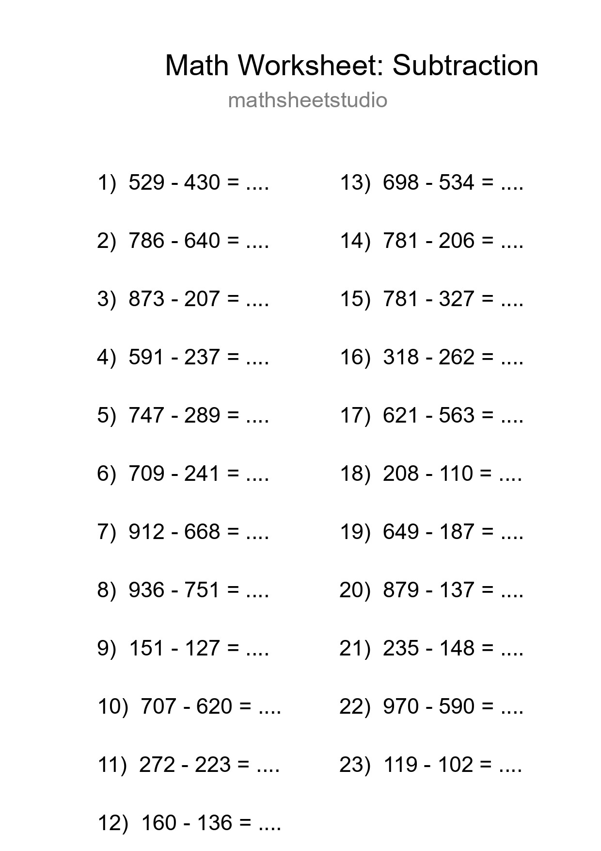 Grade 5 Subtraction Practice Worksheet (23 Problems) - Part 74