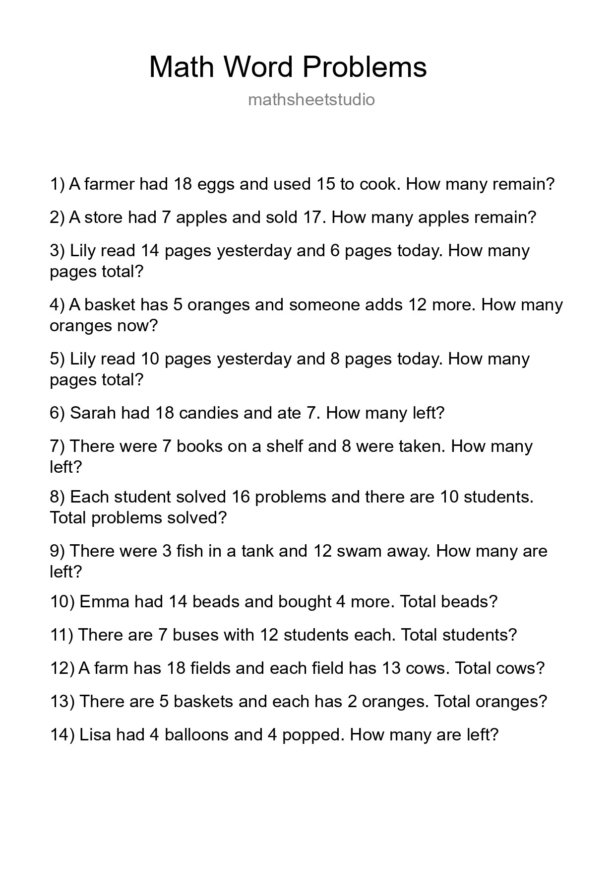 Math Word Problem Worksheet