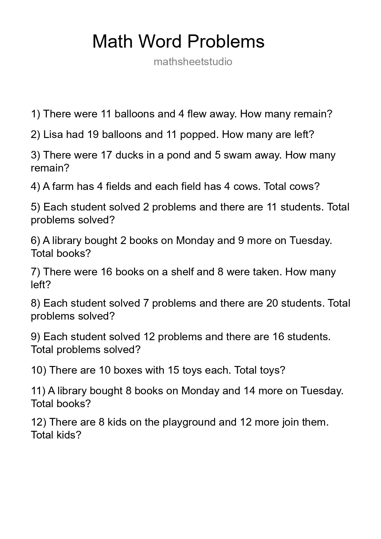 Math Word Problem Worksheet