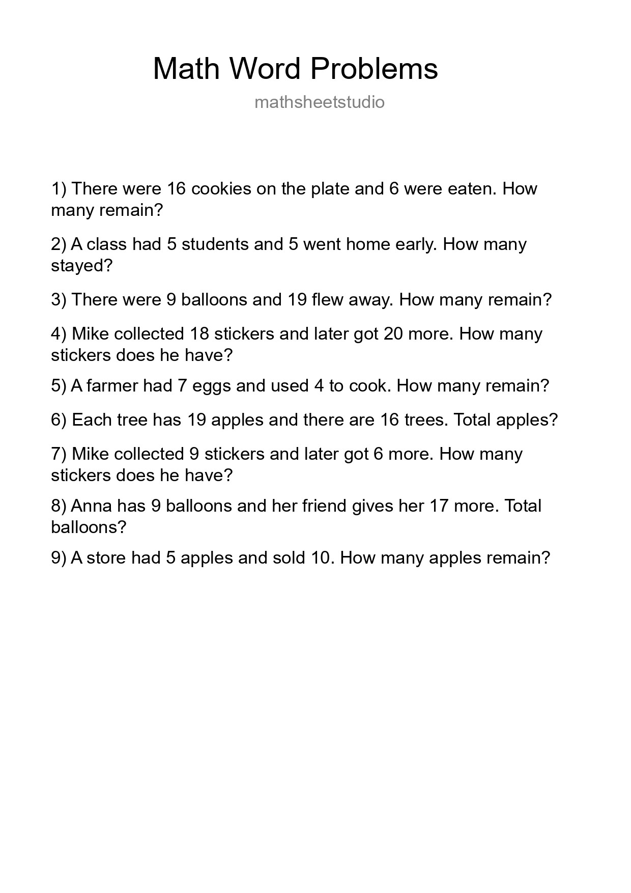 Math Word Problem Worksheet