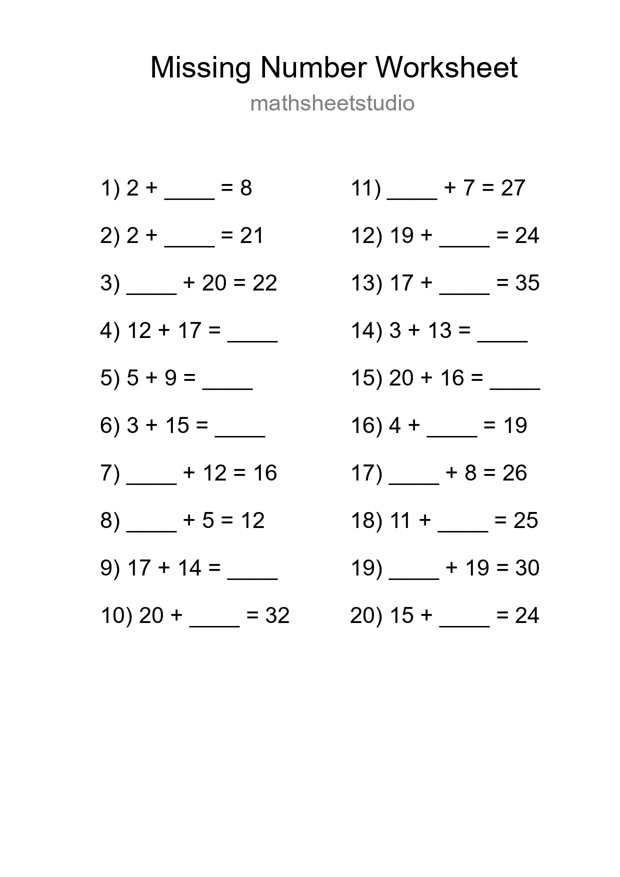 Missing Number Math Worksheet