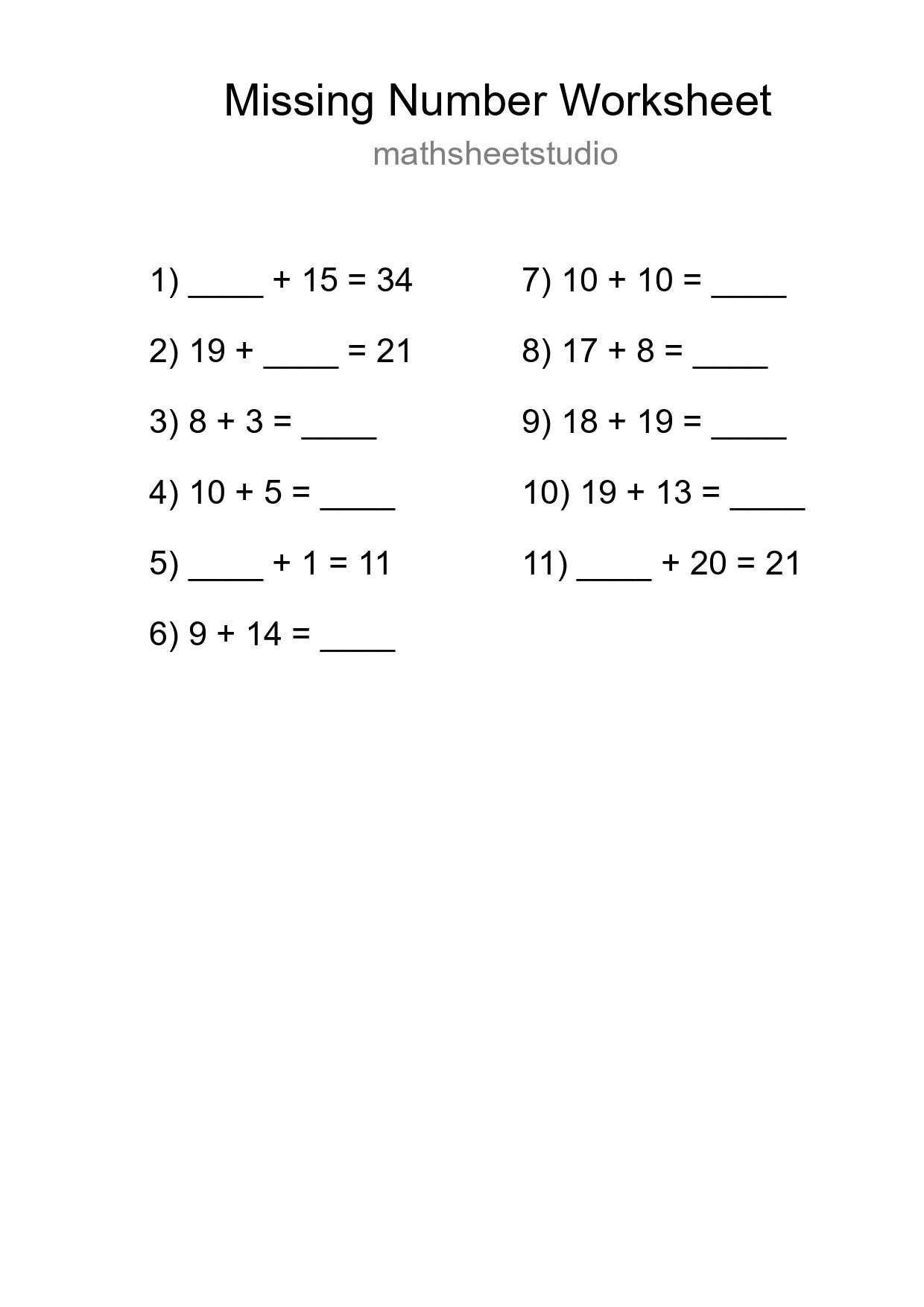 Missing Number Math Worksheet