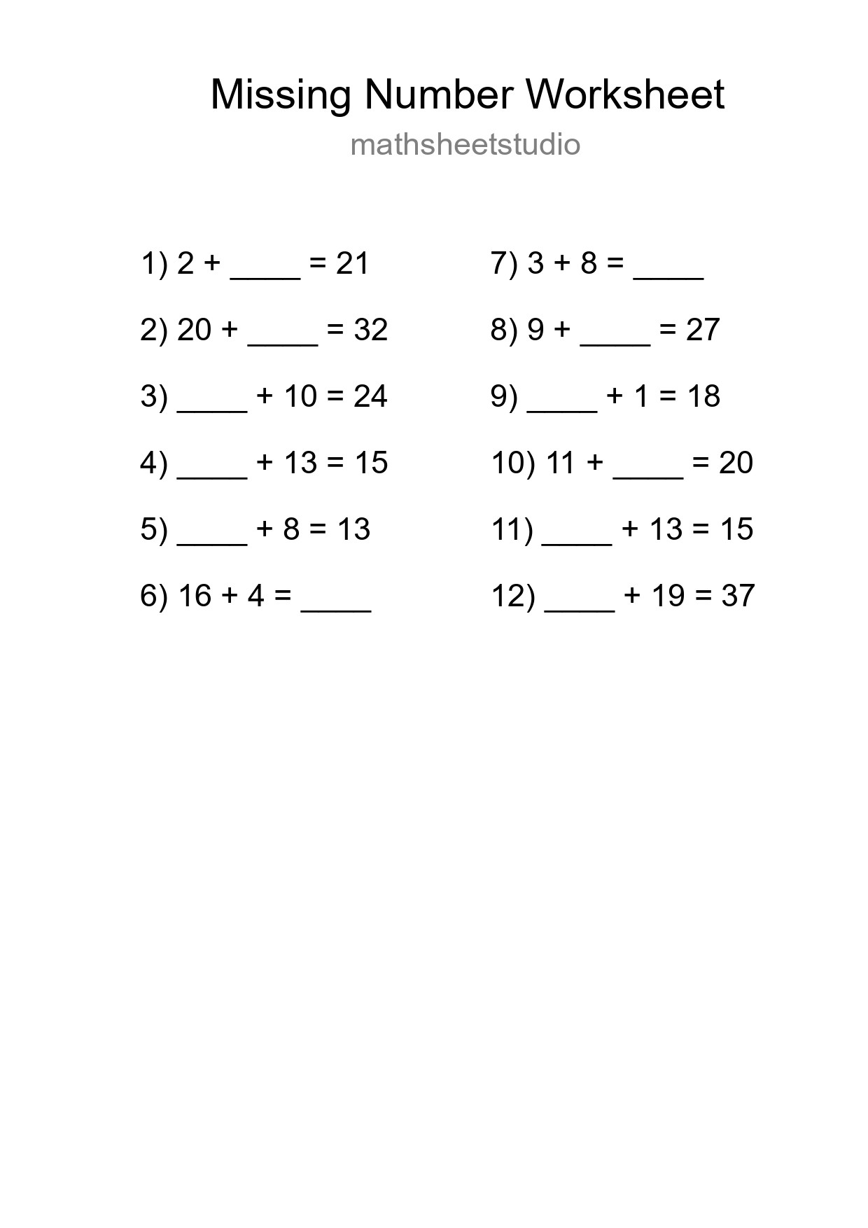 Missing Number Math Worksheet