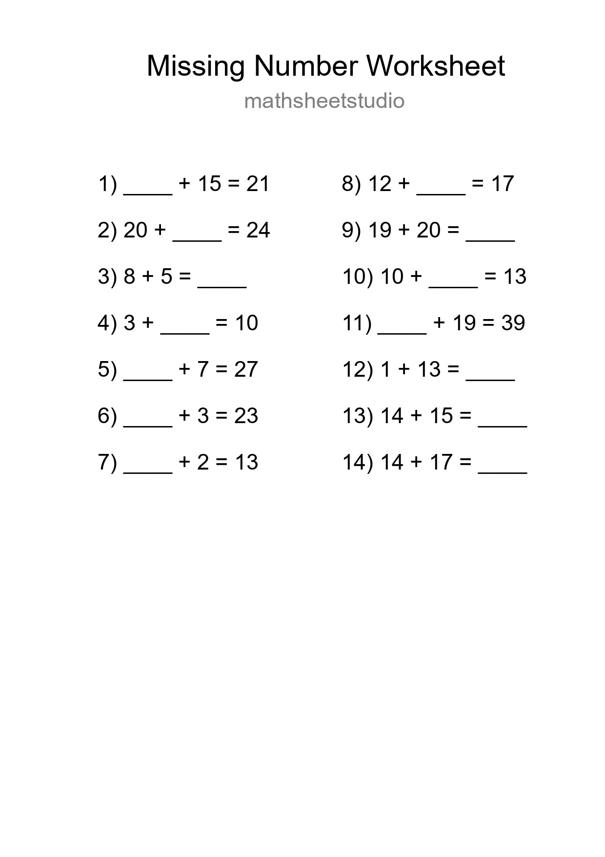 Missing Number Math Worksheet