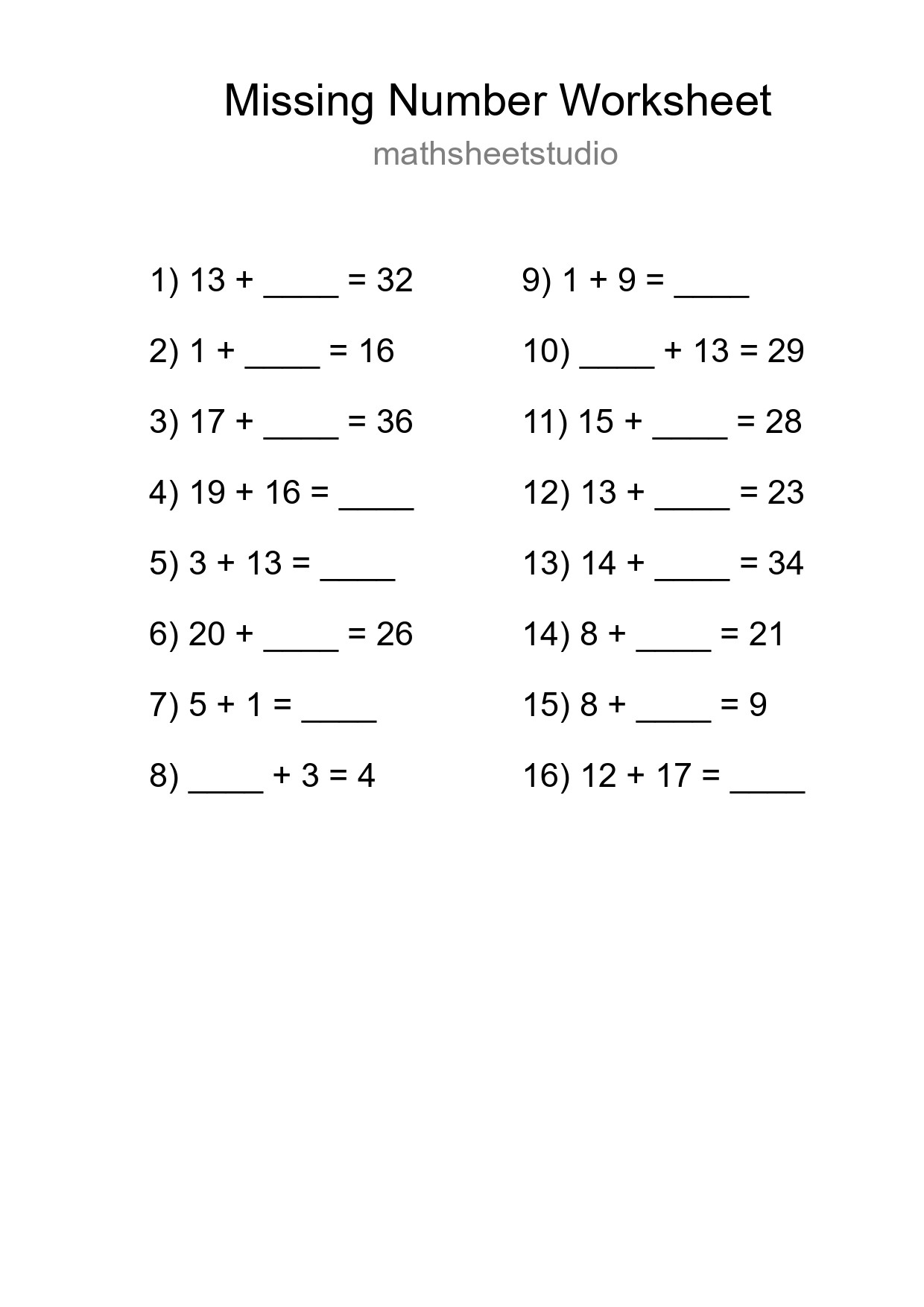 Missing Number Math Worksheet