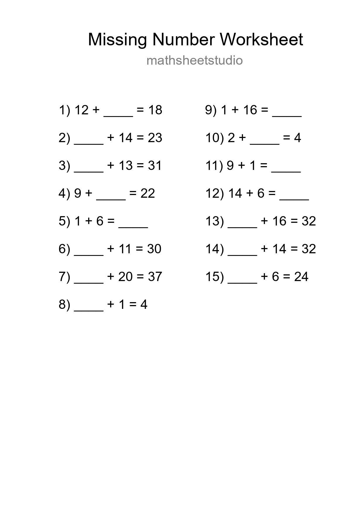 Missing Number Math Worksheet