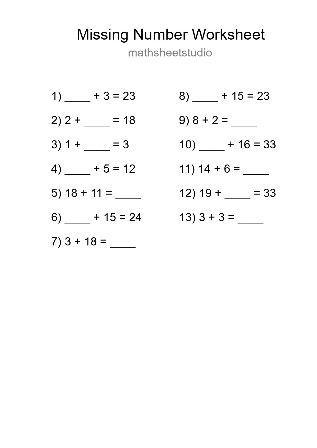 Missing Number Math Worksheet