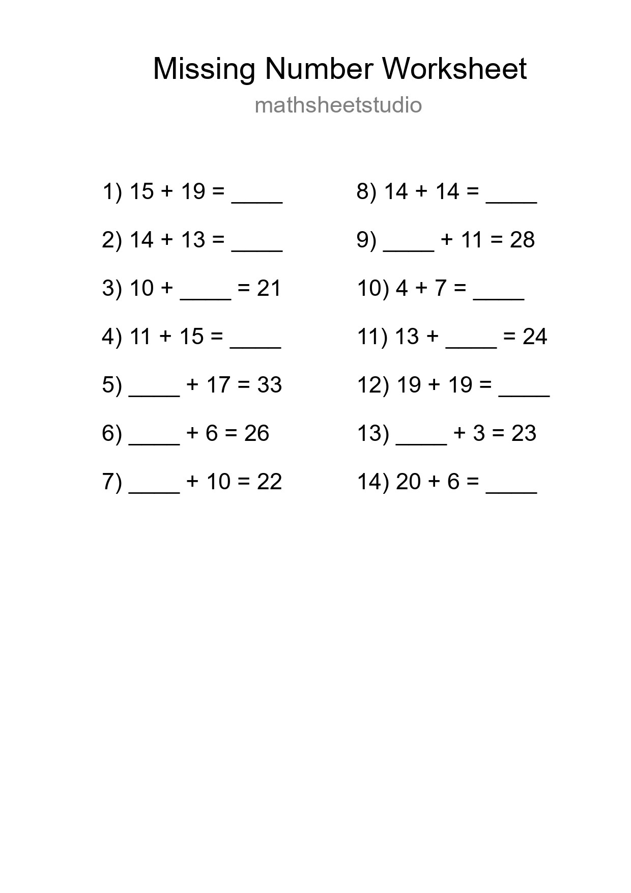 Missing Number Math Worksheet