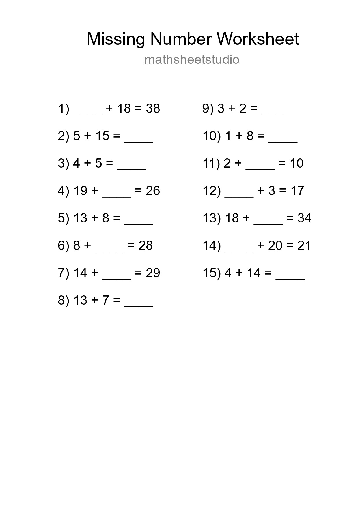 Missing Number Math Worksheet
