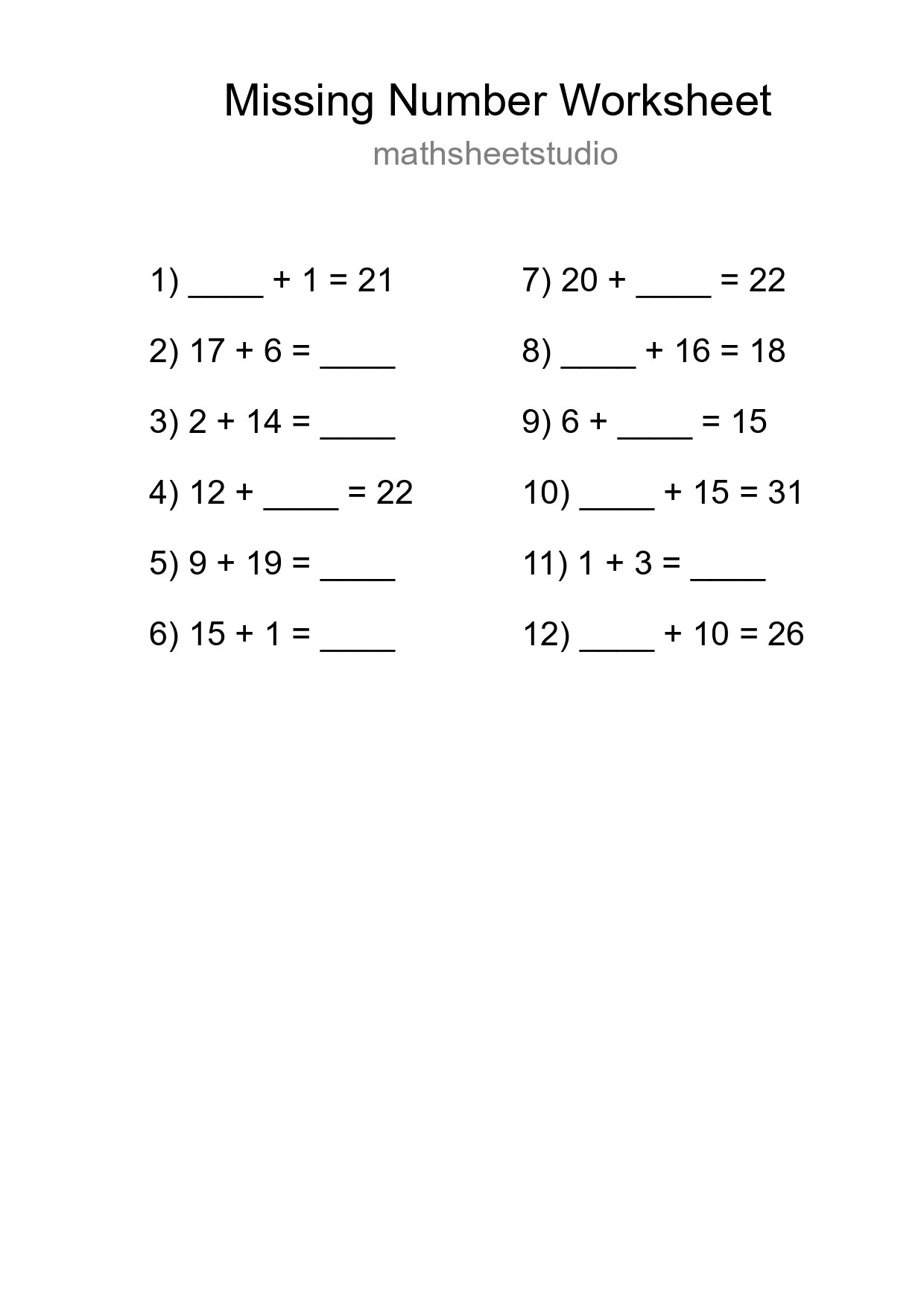 Missing Number Math Worksheet
