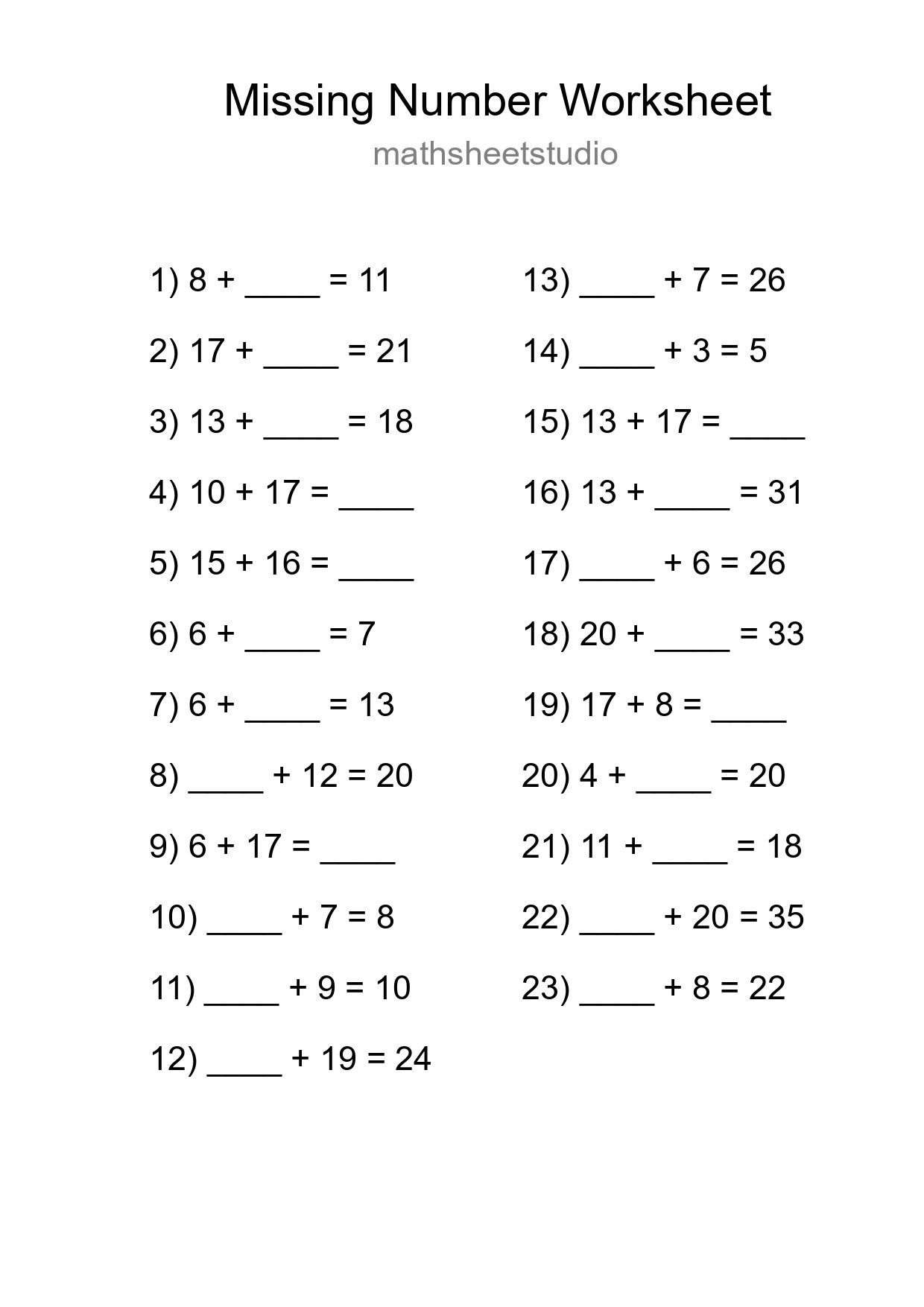 Missing Number Math Worksheet
